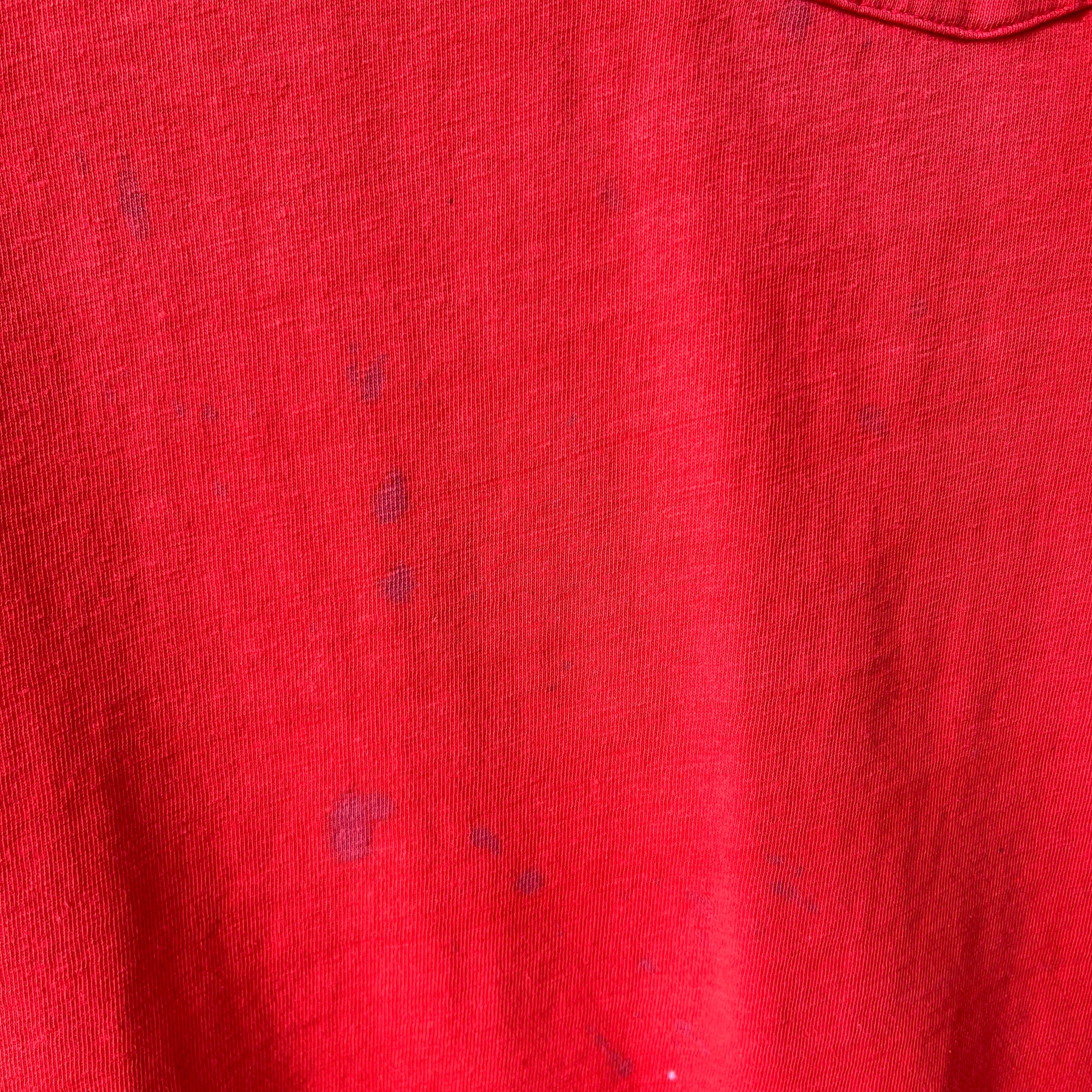 1970/80s Nicely Beat Up Blank Red Cotton Pocket T-Shirt by Hanes (the old tag)