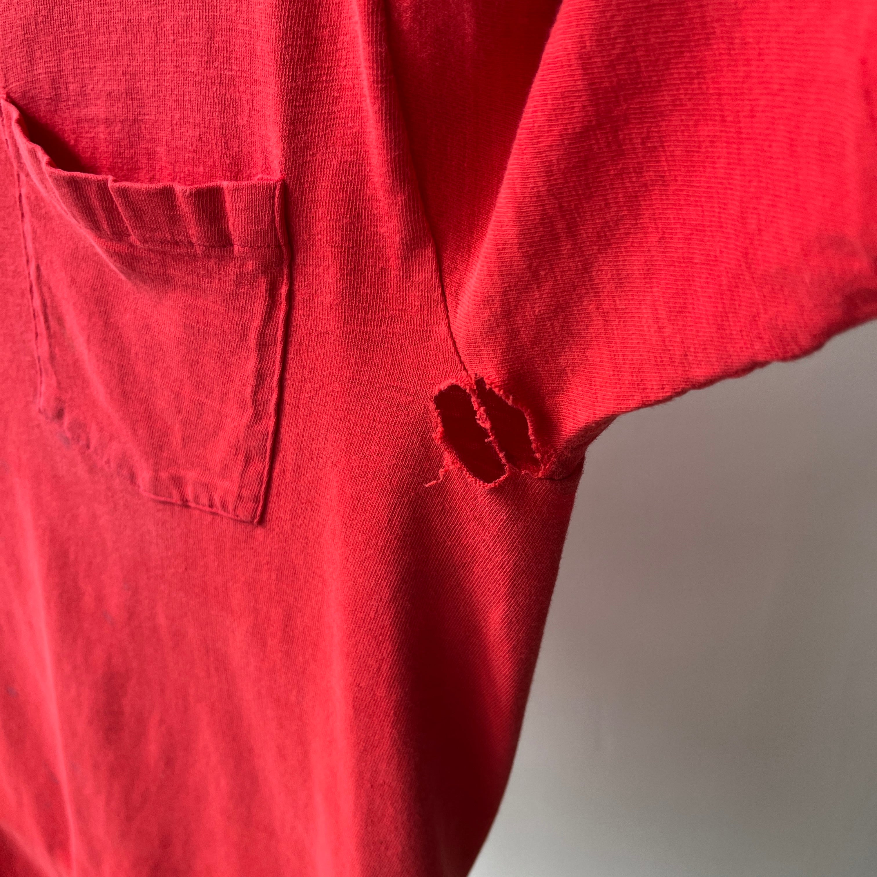 1970/80s Nicely Beat Up Blank Red Cotton Pocket T-Shirt by Hanes (the old tag)