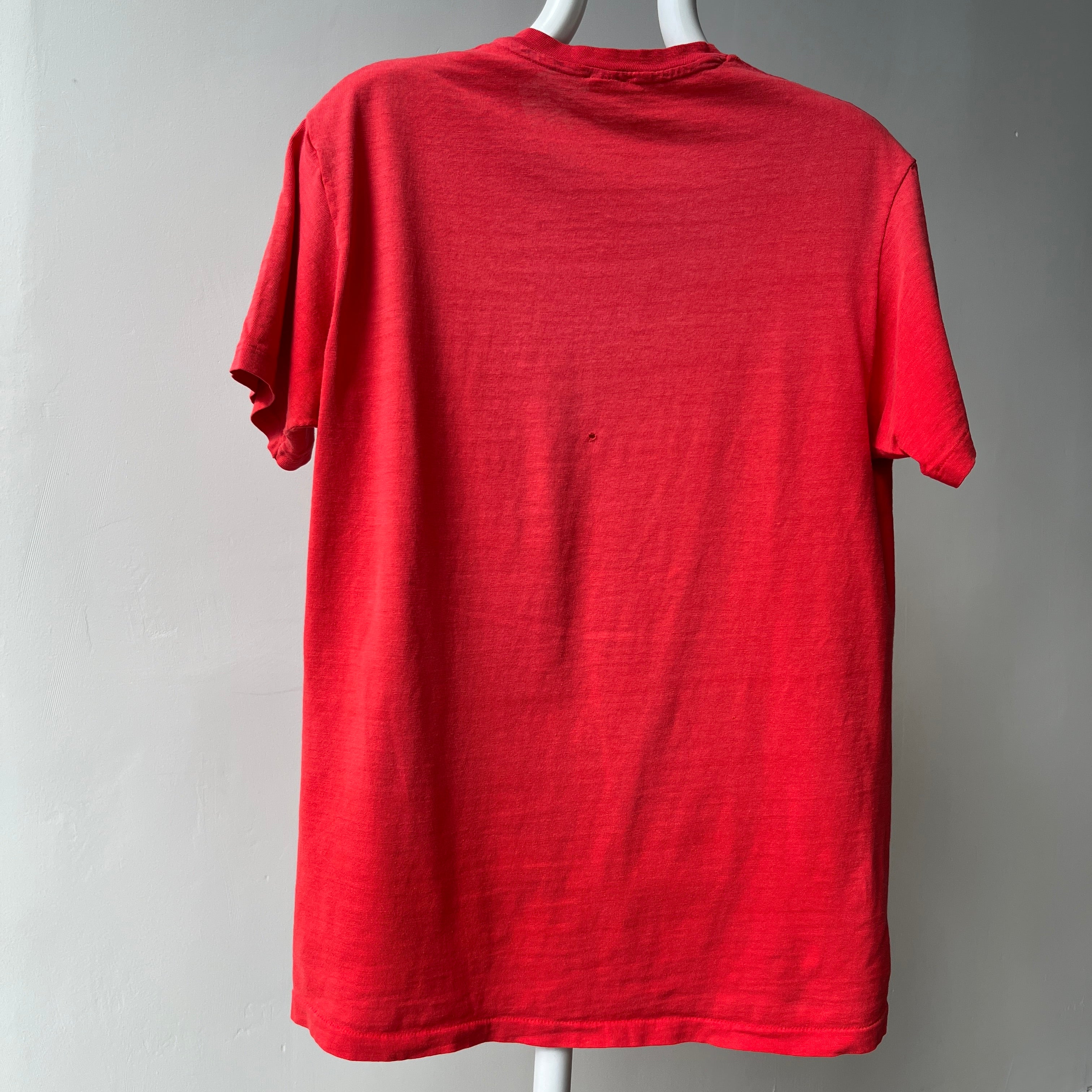 1970/80s Nicely Beat Up Blank Red Cotton Pocket T-Shirt by Hanes (the old tag)