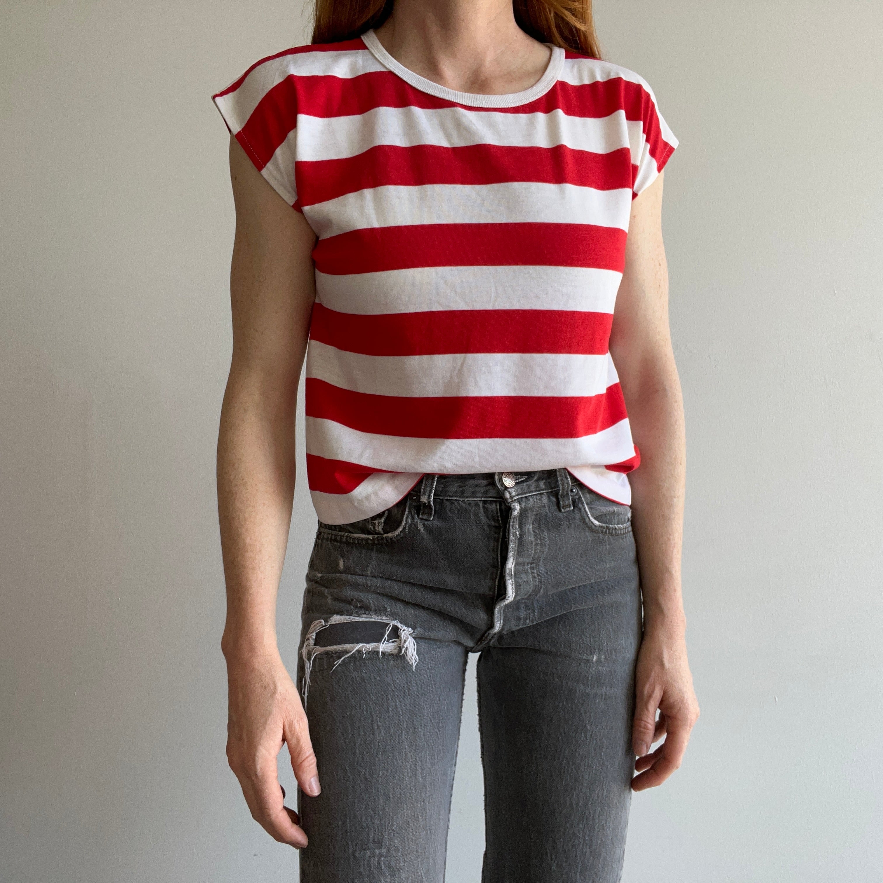 1980s Red and White Striped Thin Muscle Cut Shirt