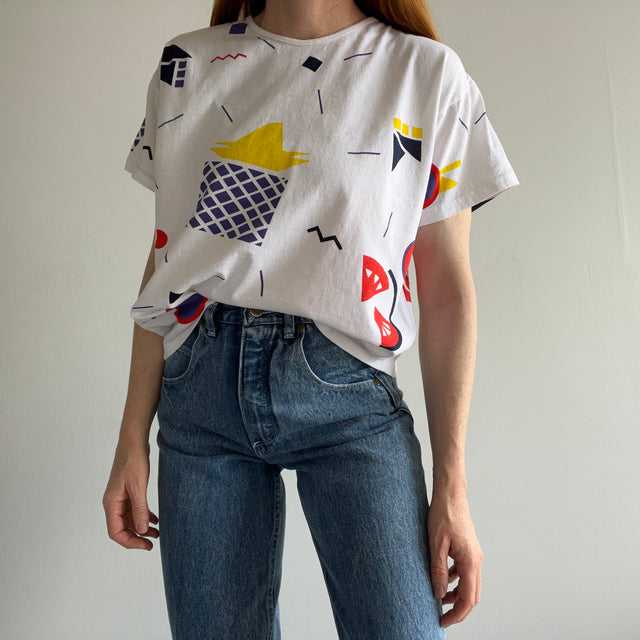 1980s Geometric Cotton T-Shirt with a Rolled Neck