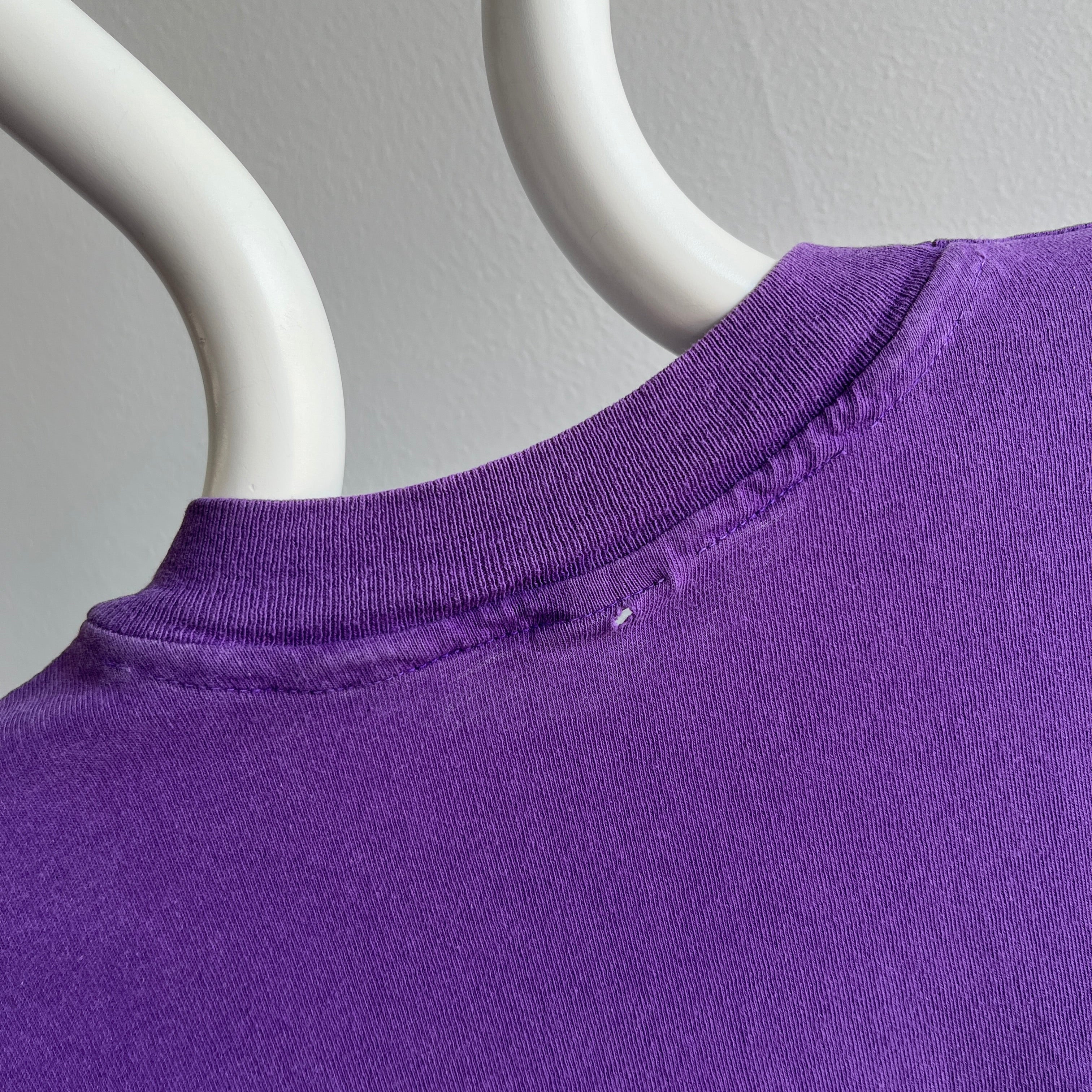 1980s Blank Purple Cotton T-Shirt with a Wabi Sabi Bleach Stain by Spruce