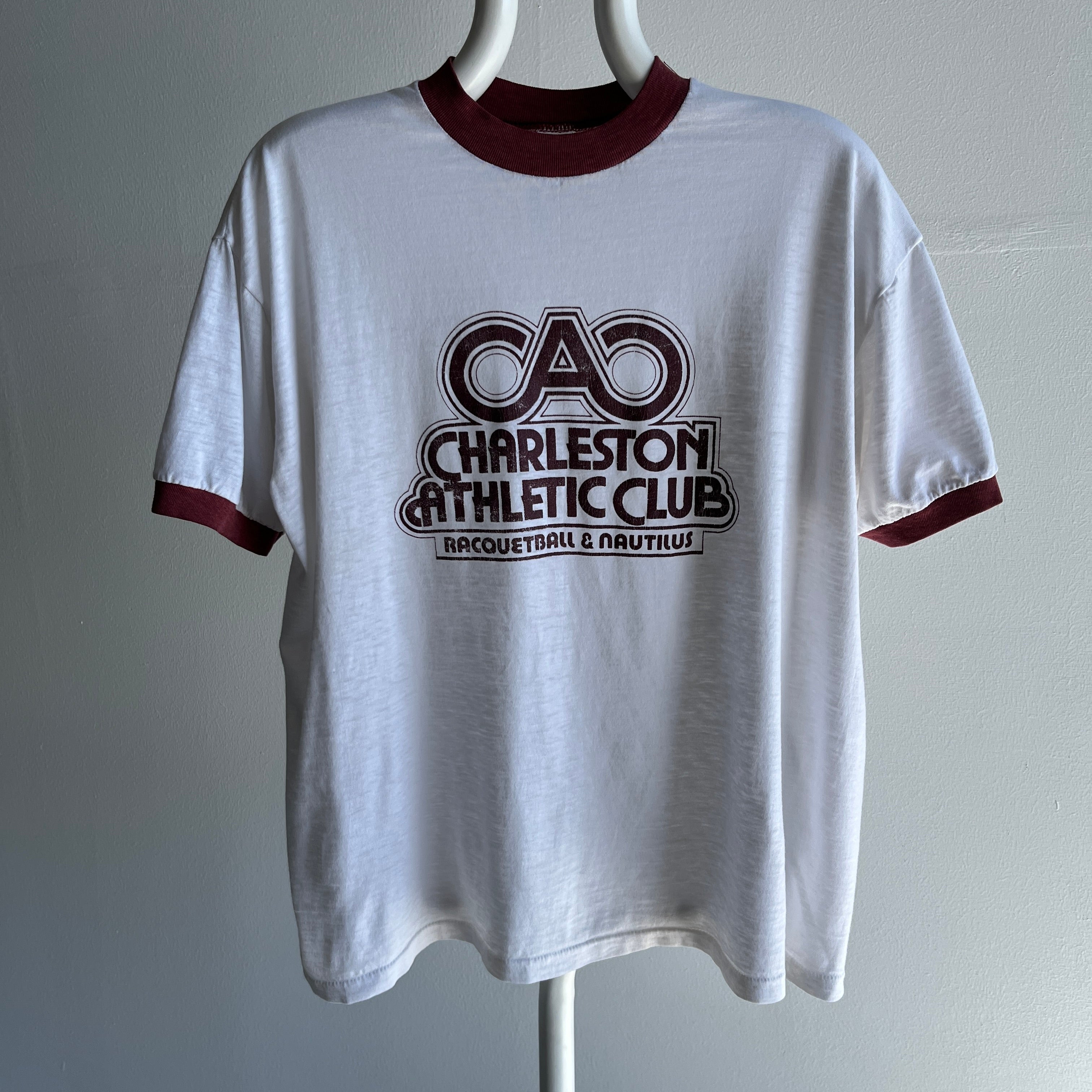 1970s Charleston Athletic Club - Racquetball and Nautilus - Thinned Out Ring T-Shirt