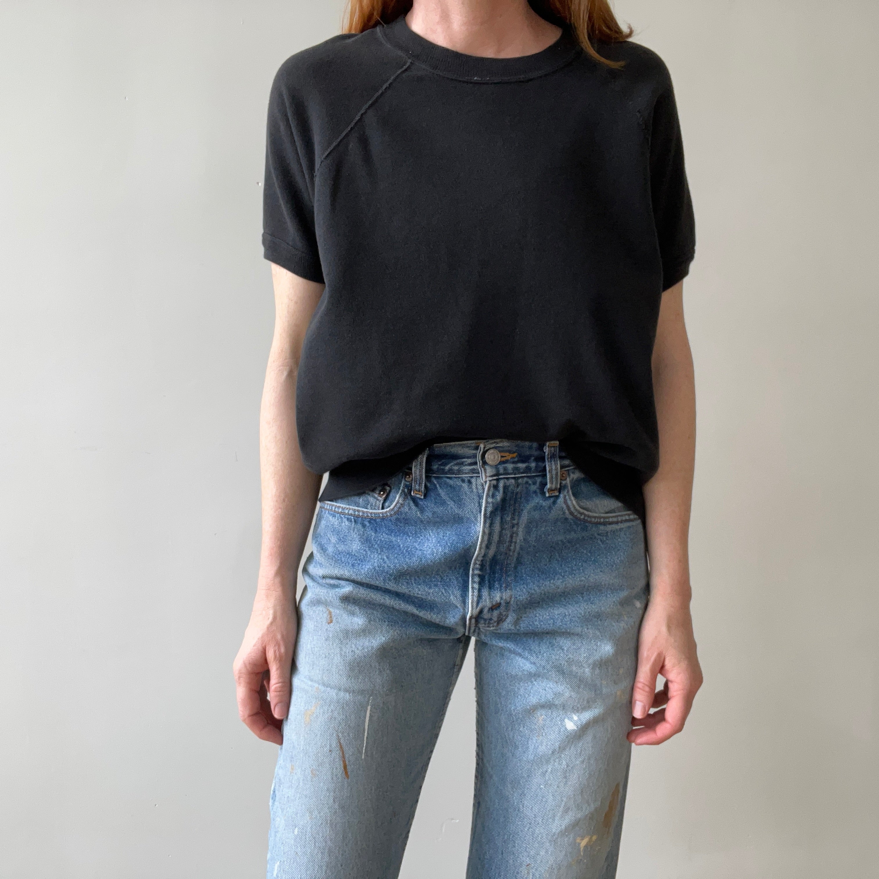 1980s Blank Black Short Sleeve Raglan Sweatshirt