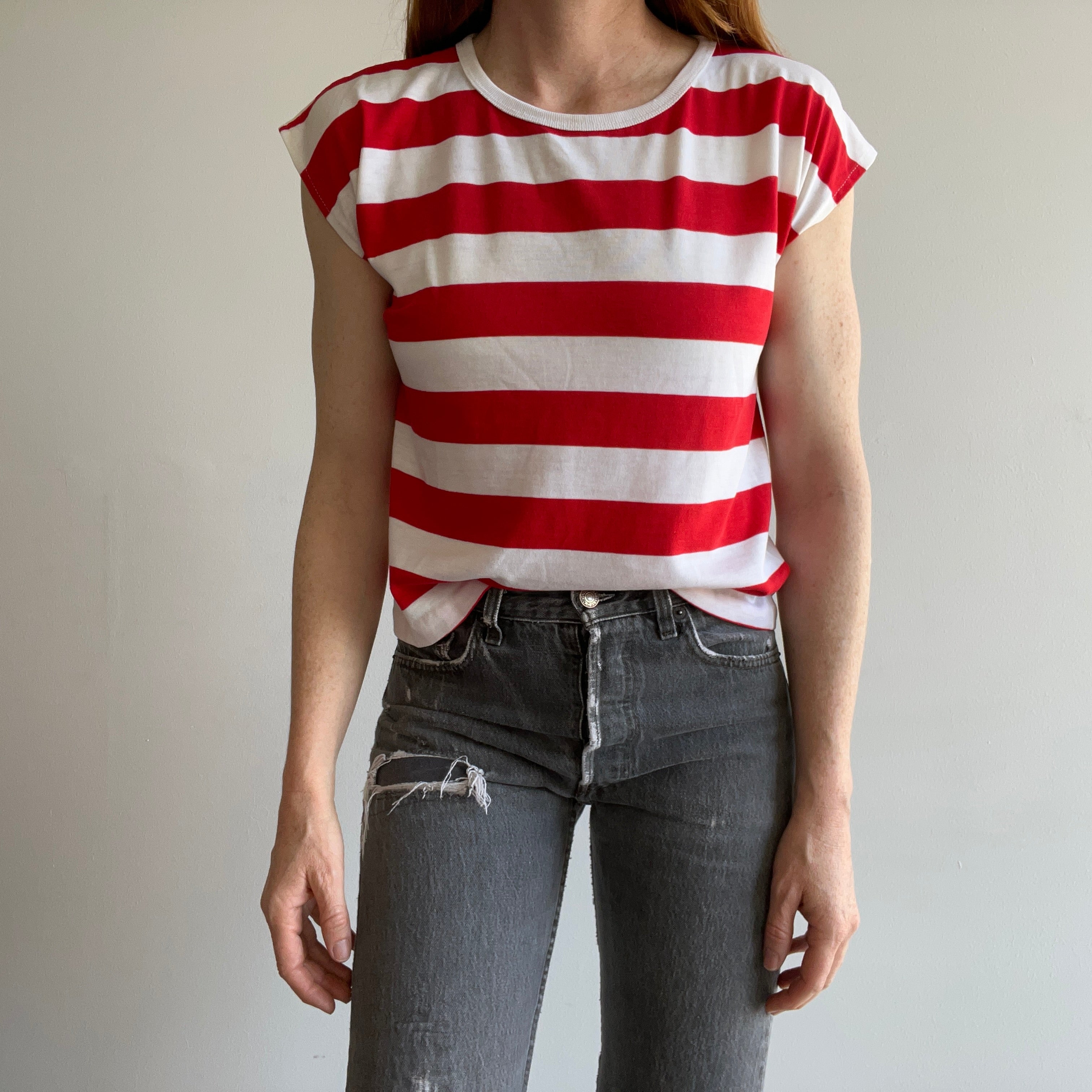 1980s Red and White Striped Thin Muscle Cut Shirt