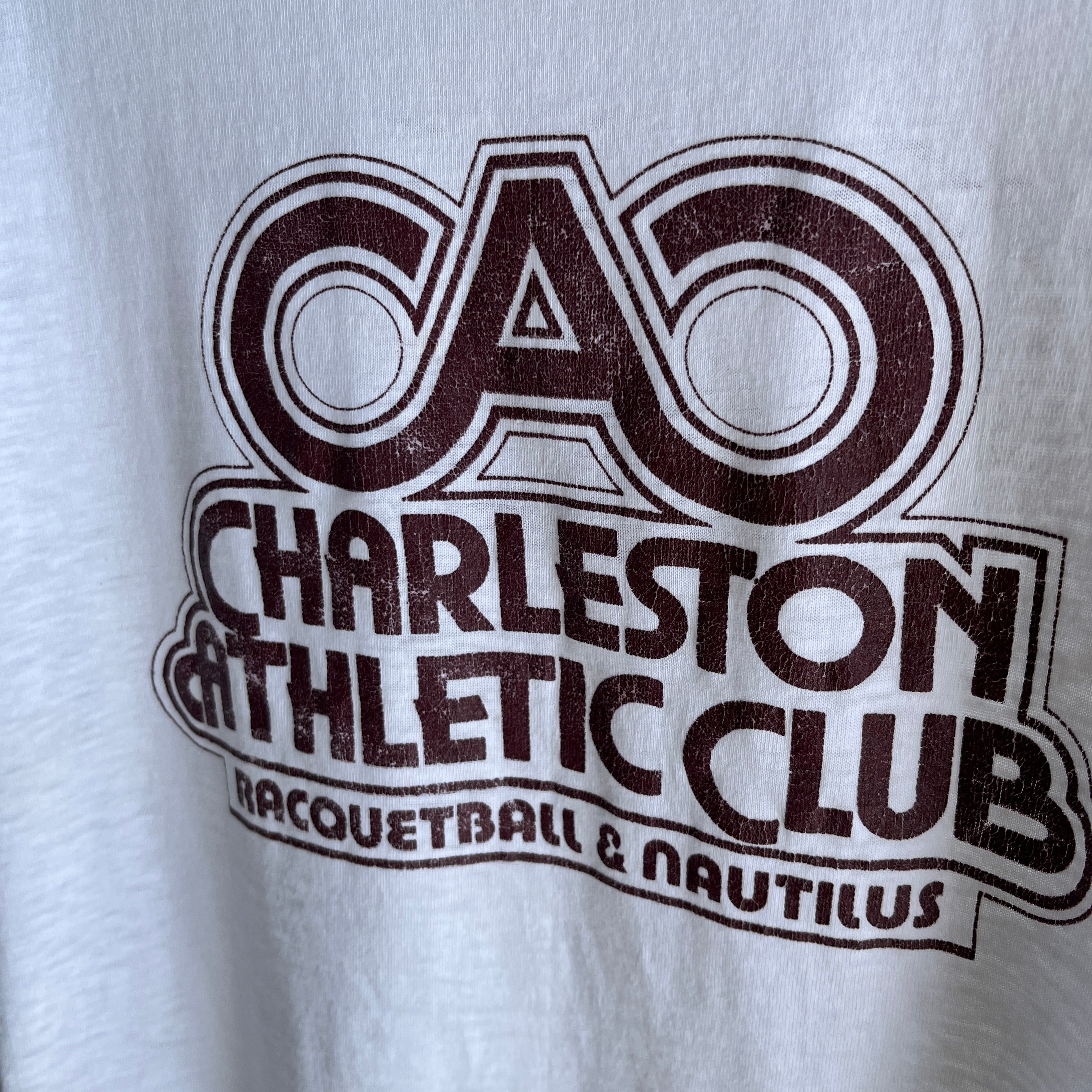 1970s Charleston Athletic Club - Racquetball and Nautilus - Thinned Out Ring T-Shirt