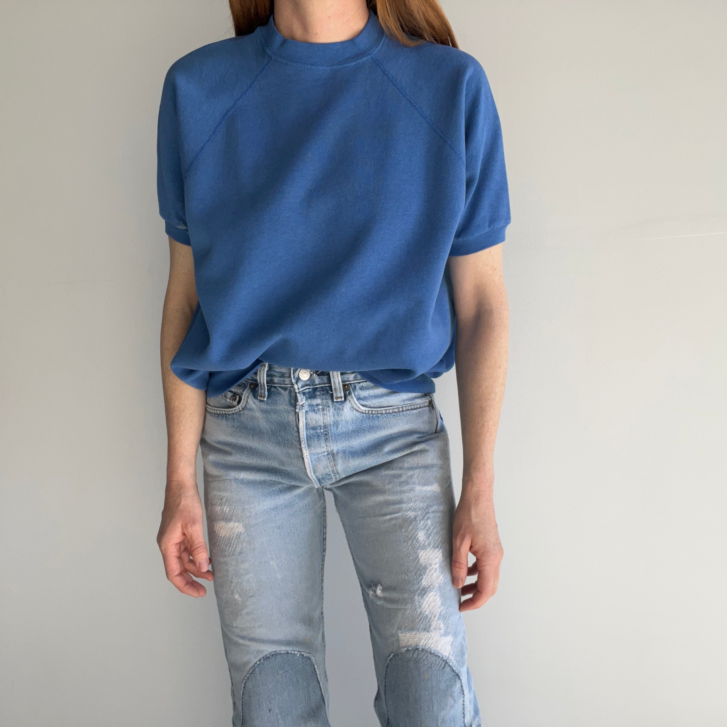 1990s Faded Blue Warm Up With Paint Stained Sleeve