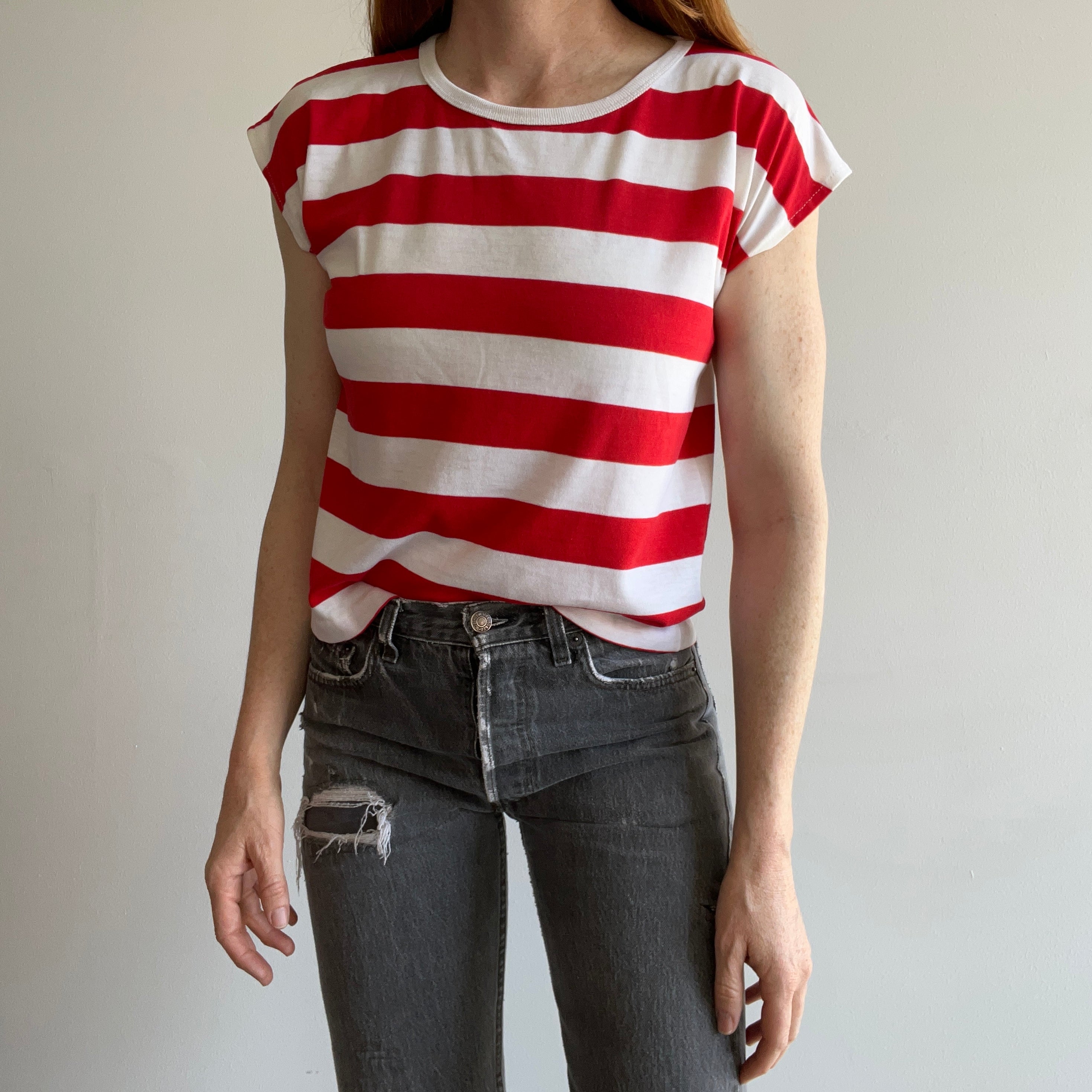 1980s Red and White Striped Thin Muscle Cut Shirt