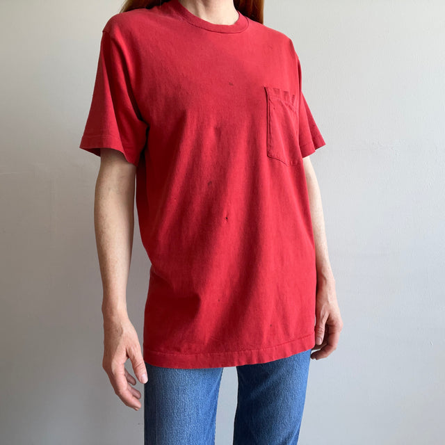 1980s FOTL Super Stained and Faded Red Selvedge Cotton Pocket T-Shirt