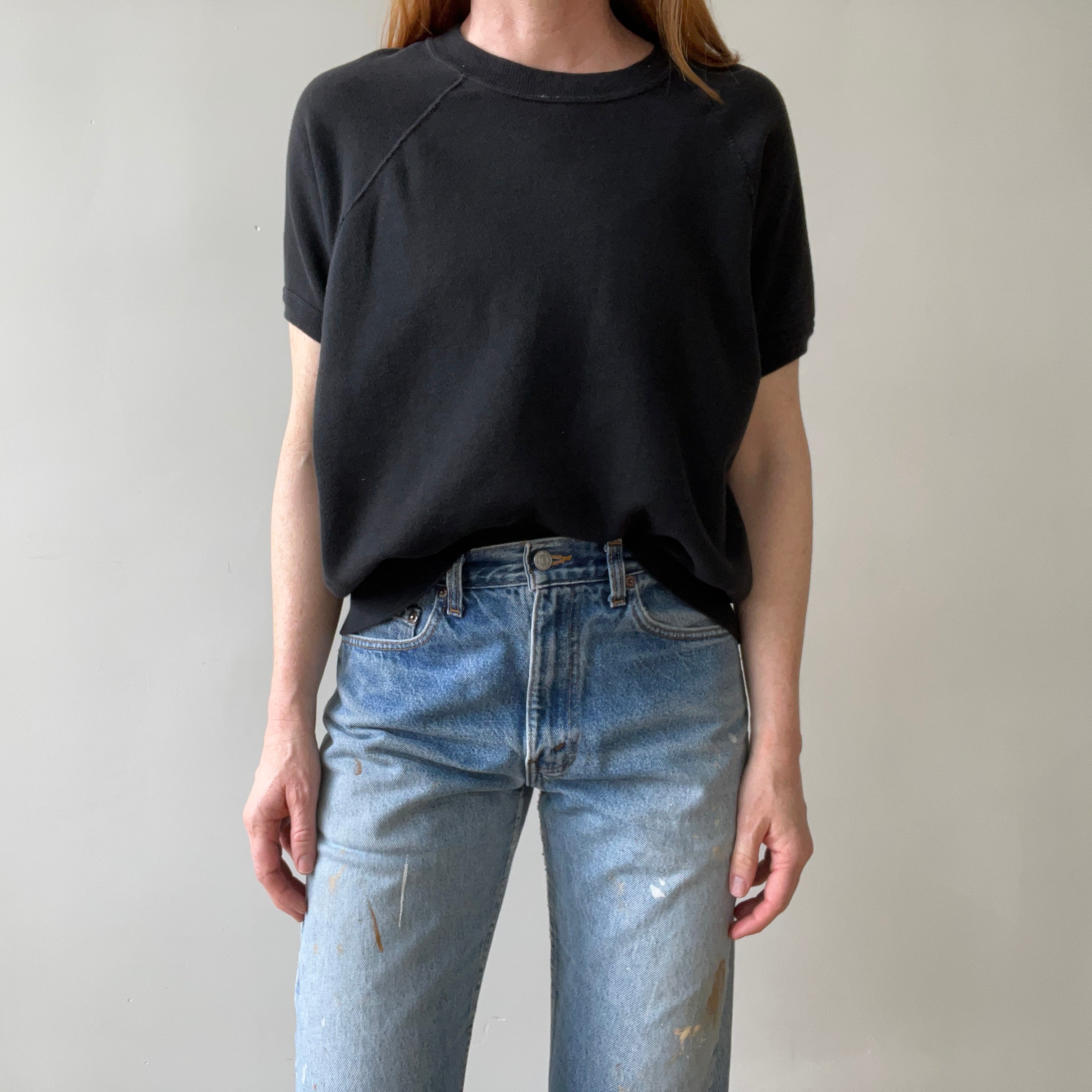 1980s Blank Black Short Sleeve Raglan Sweatshirt