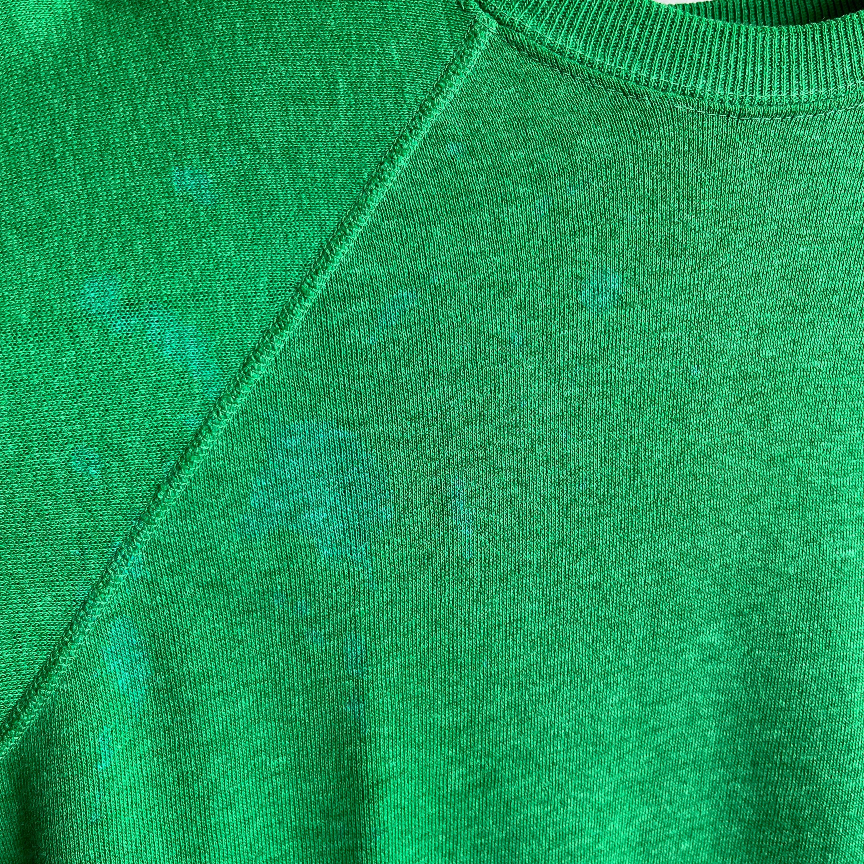 1970s Super Soft and Luxurious Slouchy Sun Faded Kelly Green Raglan - Dreamy