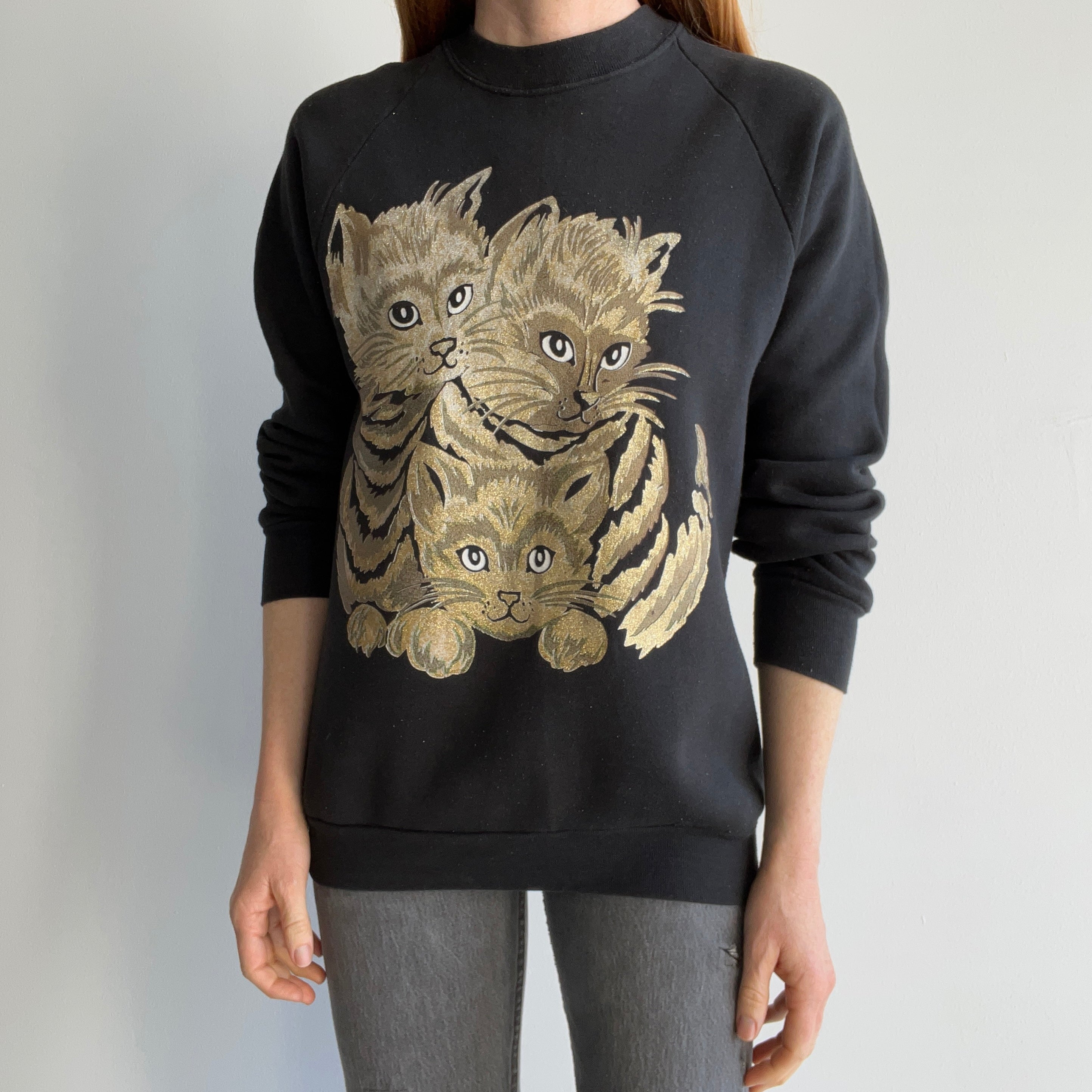 1980s Medium Weight Sparkly Cat Sweatshirt