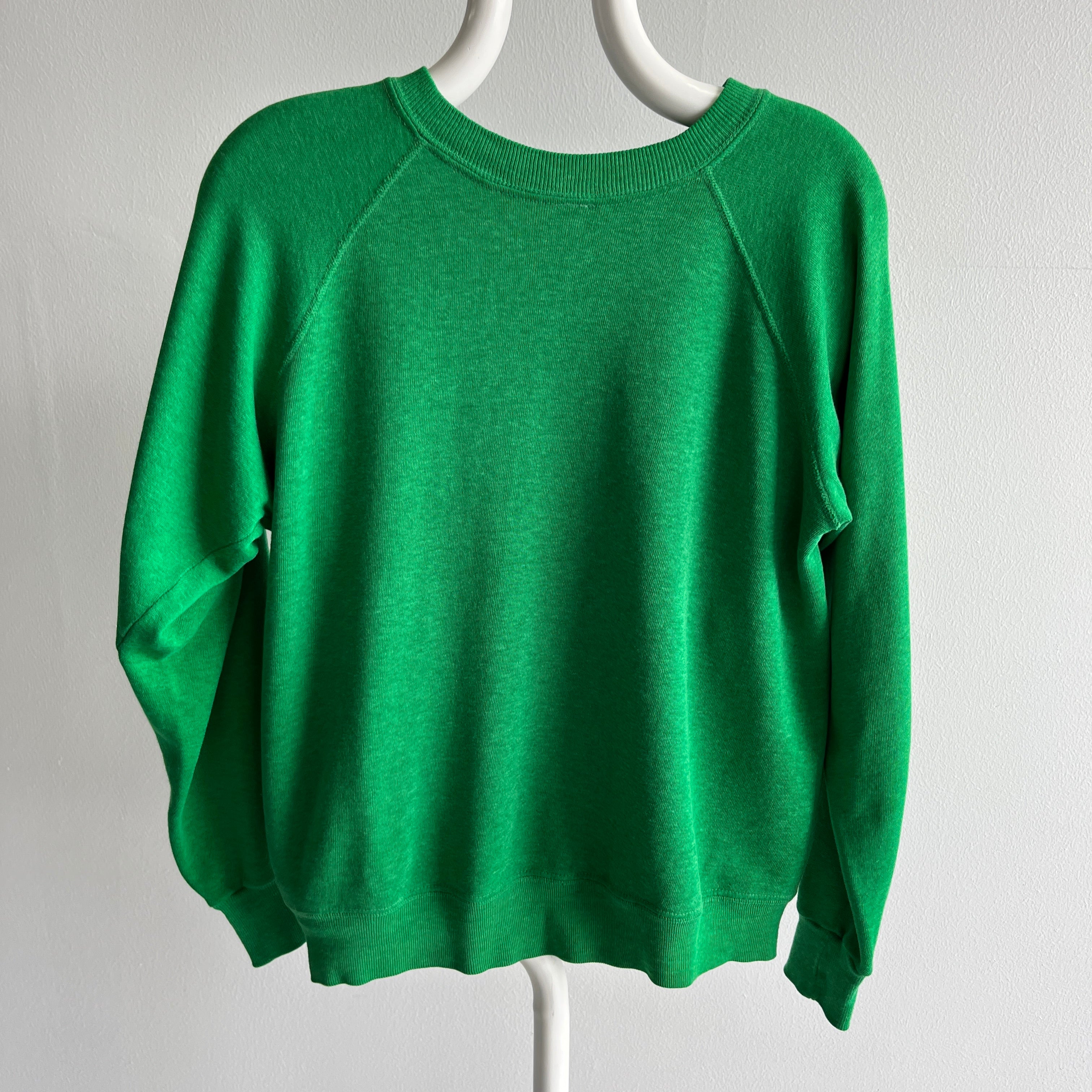 1970s Super Soft and Luxurious Slouchy Sun Faded Kelly Green Raglan - Dreamy