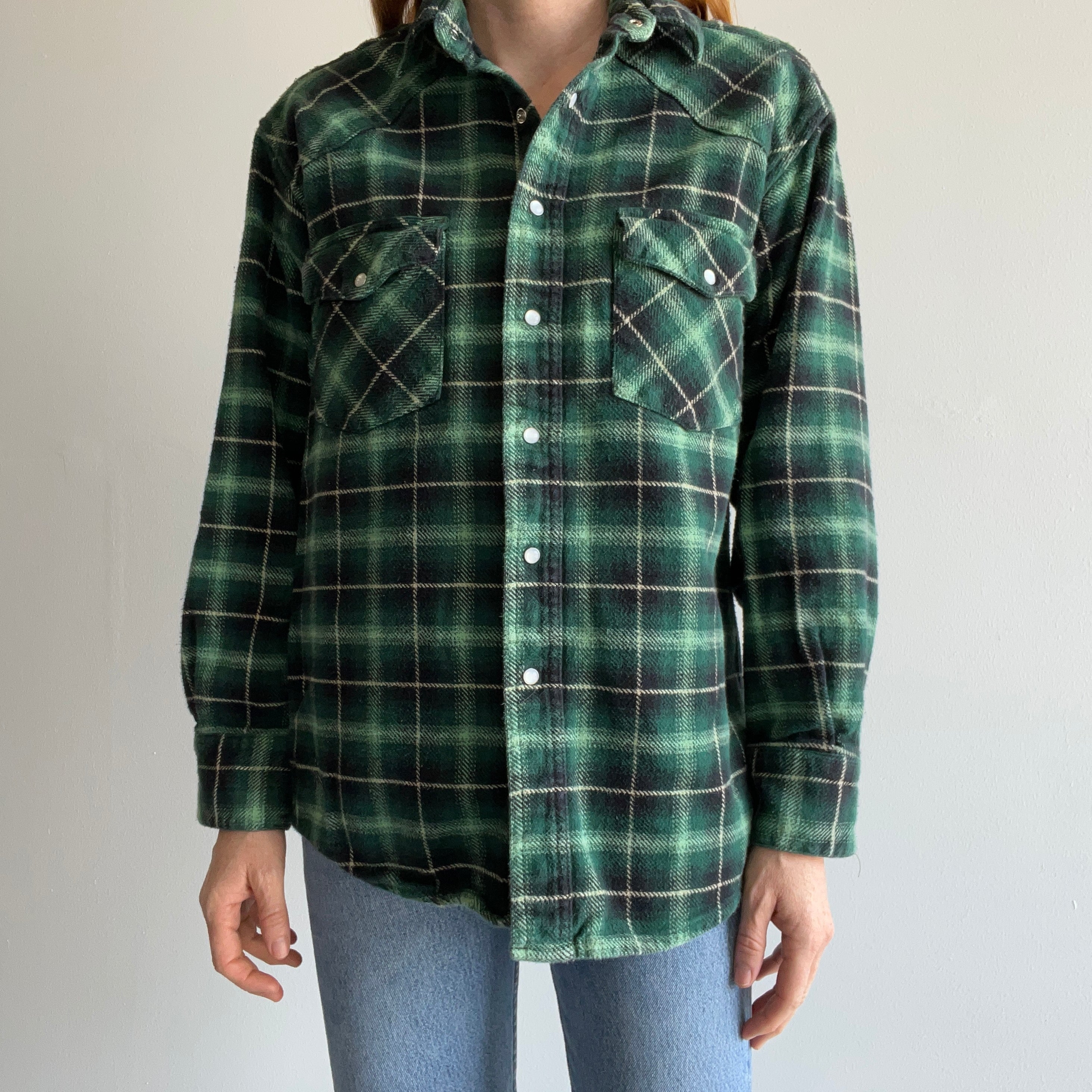 1990s Heavyweight Cowboy Snap Front Forest Green Flannel