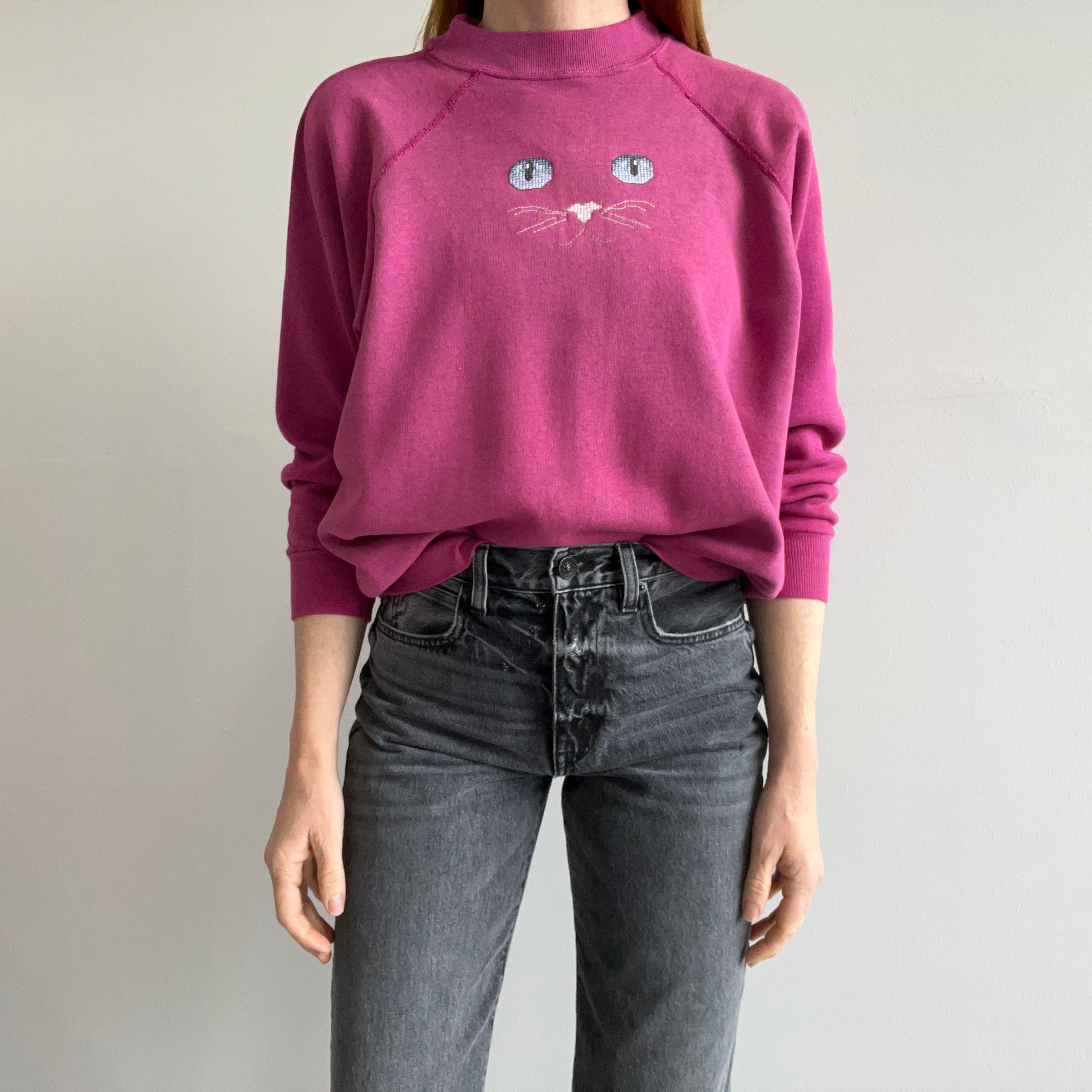 1980s DIY Needlepoint Cat Face On A Tailored Sweatshirt with Mending - Oh My