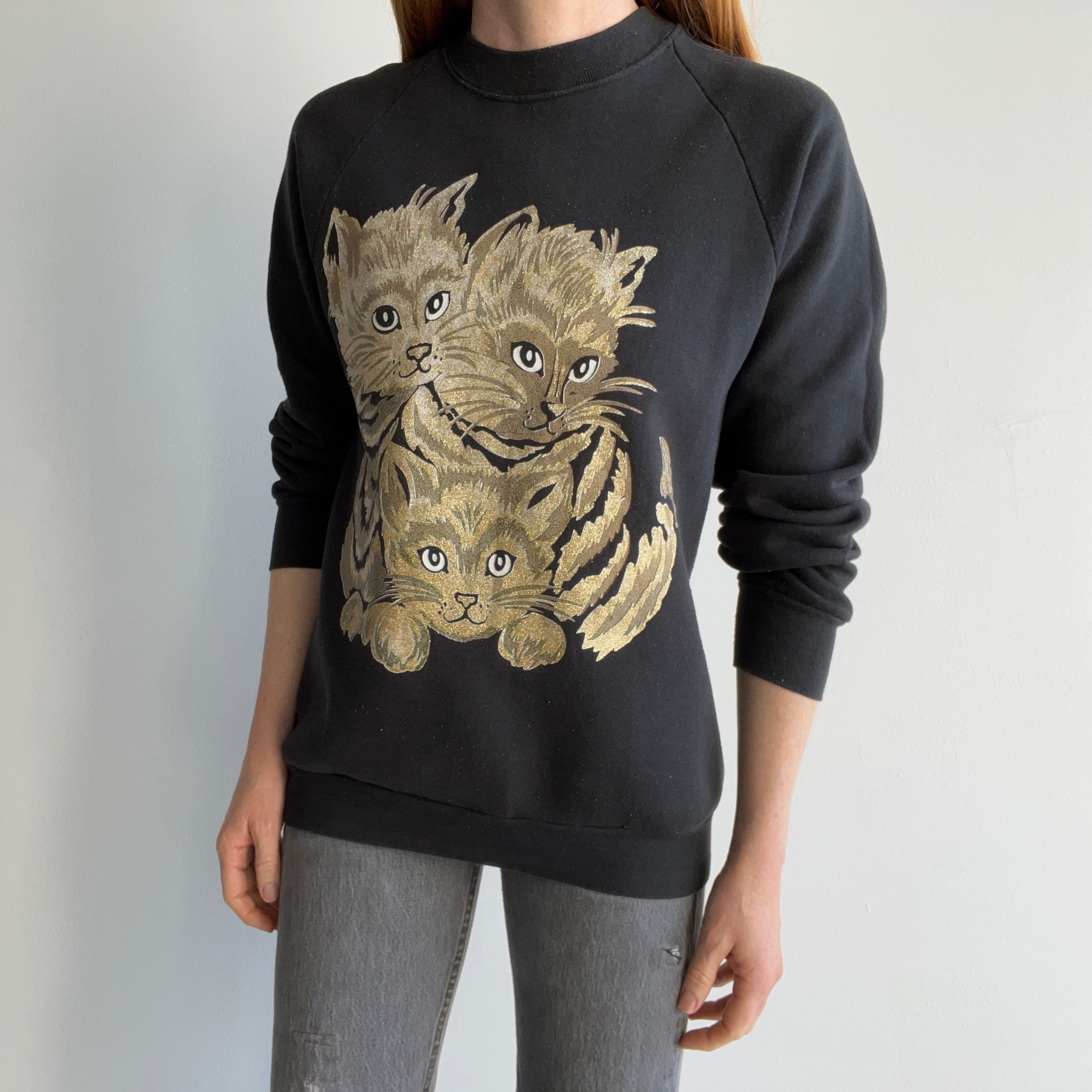 1980s Medium Weight Sparkly Cat Sweatshirt