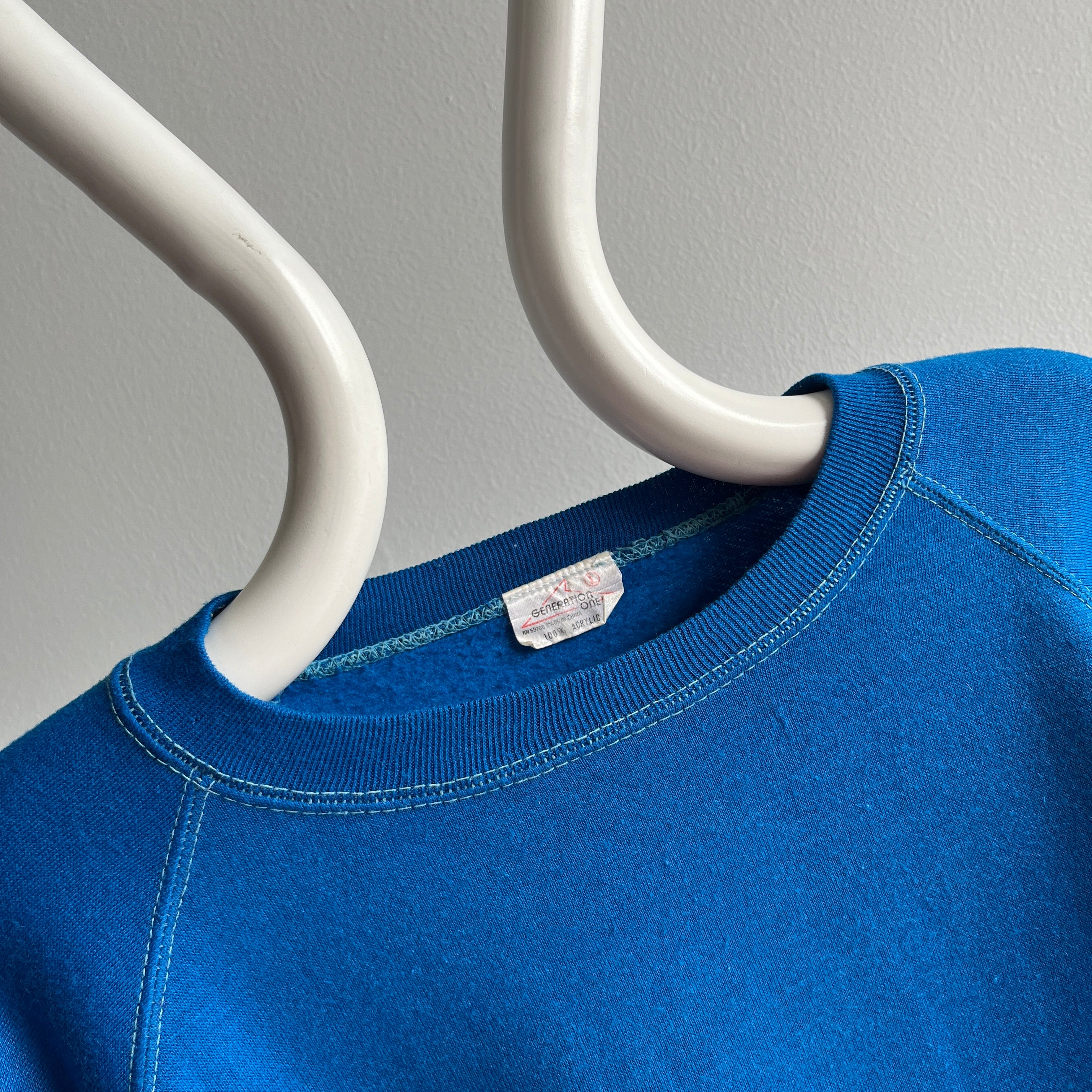 1970s Super Slouchy and Awesome Vibrant Blue Sweatshirt with Contrast Stitching