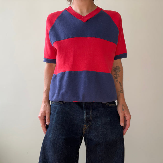 1970s Red and Navy Striped V Neck Short Sleeve Sweatshirt