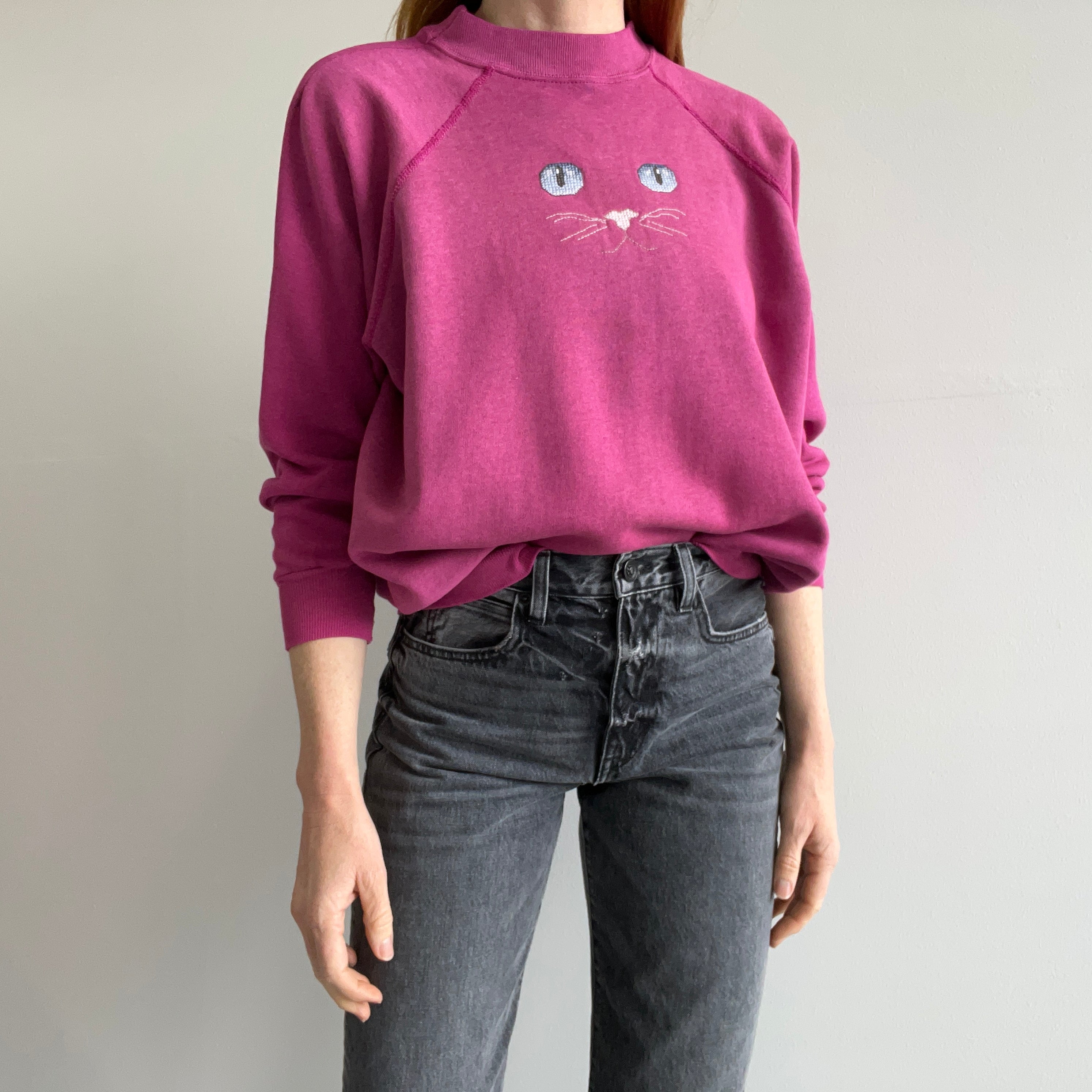 1980s DIY Needlepoint Cat Face On A Tailored Sweatshirt with Mending - Oh My