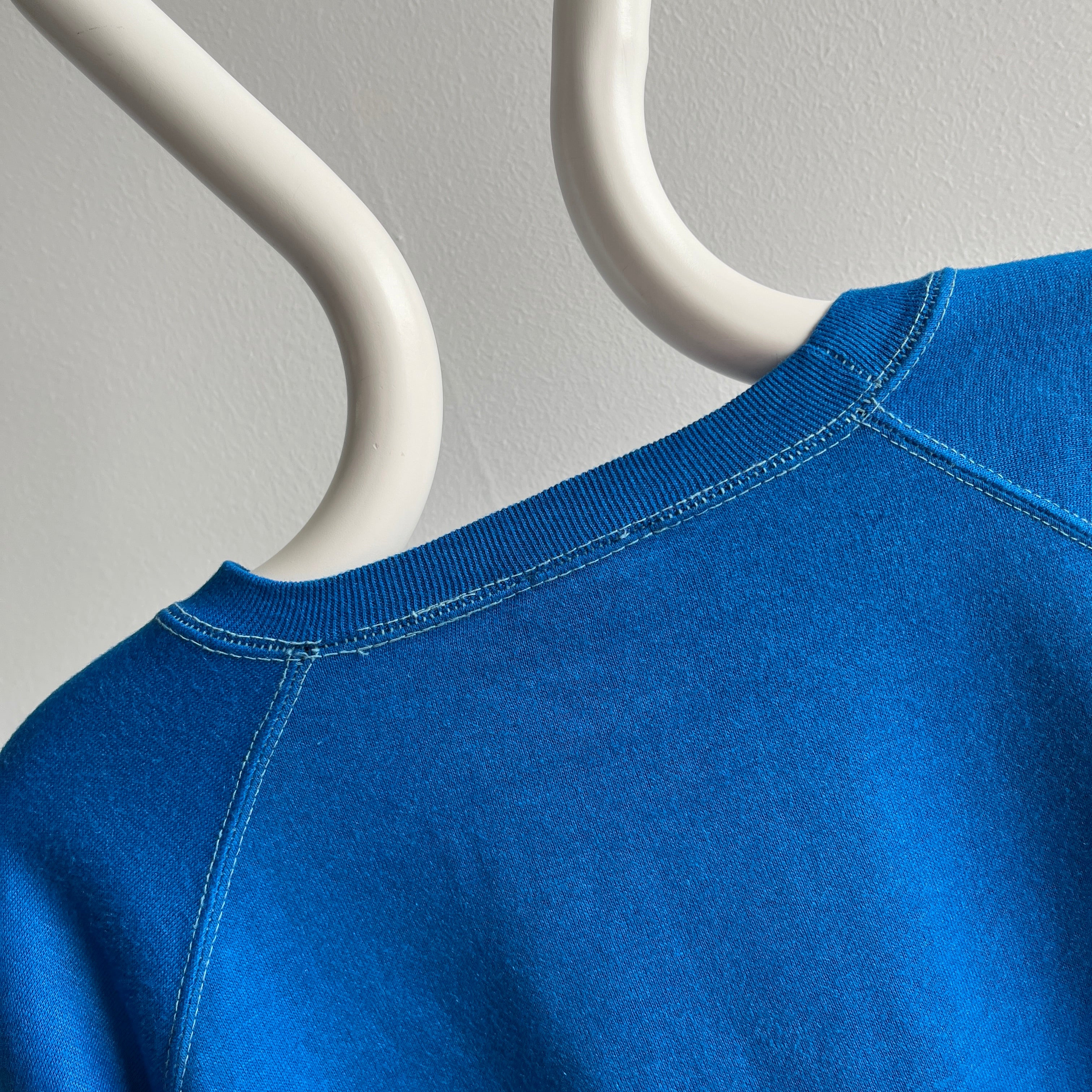 1970s Super Slouchy and Awesome Vibrant Blue Sweatshirt with Contrast Stitching