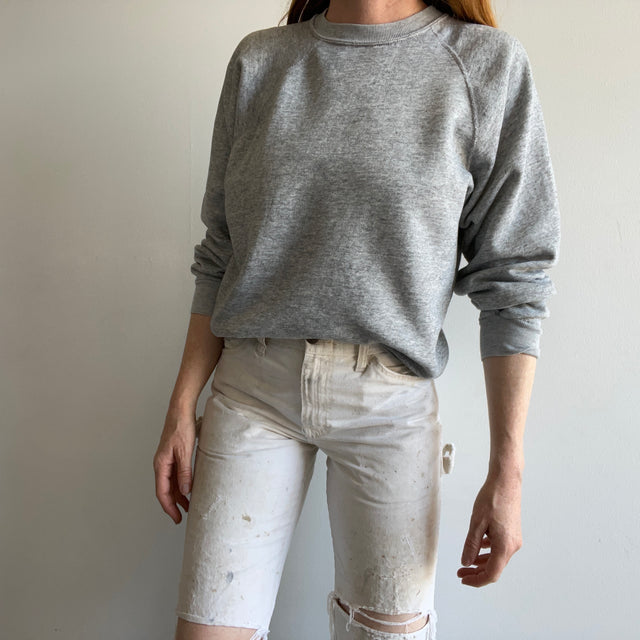 1980s Blank Gray Sweatshirt with Bleach Staining - Swooooon