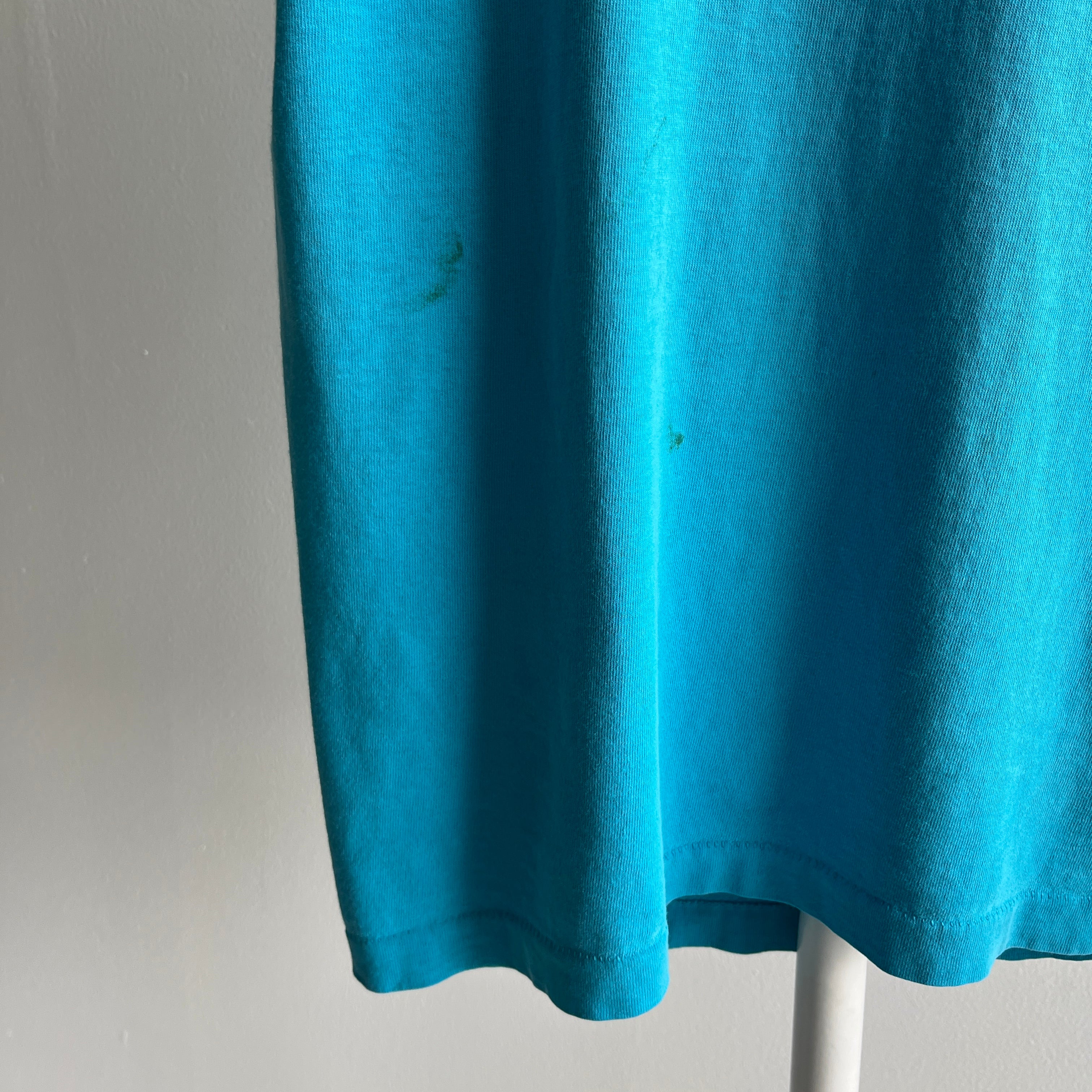 1980s Perfectly Tattered, Torn, Stained and Worn Turquoise FOTL T-Shirt
