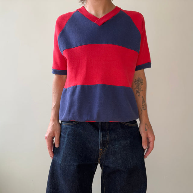 1970s Red and Navy Striped V Neck Short Sleeve Sweatshirt