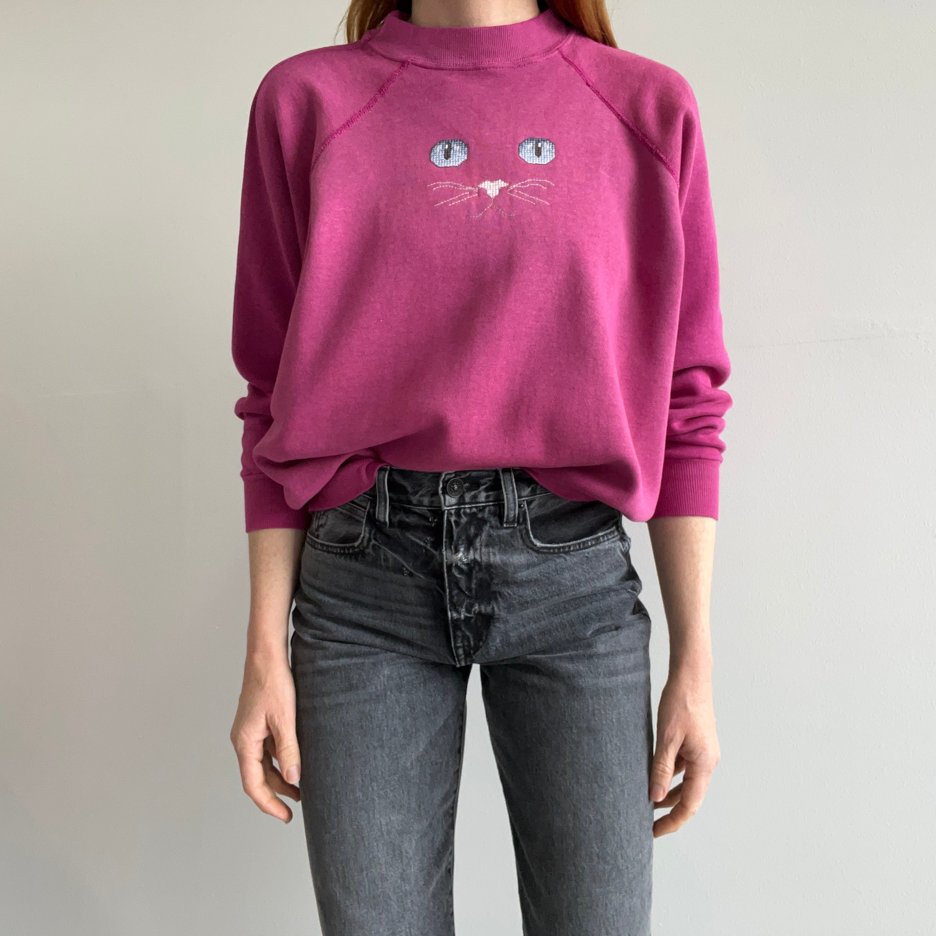 1980s DIY Needlepoint Cat Face On A Tailored Sweatshirt with Mending - Oh My