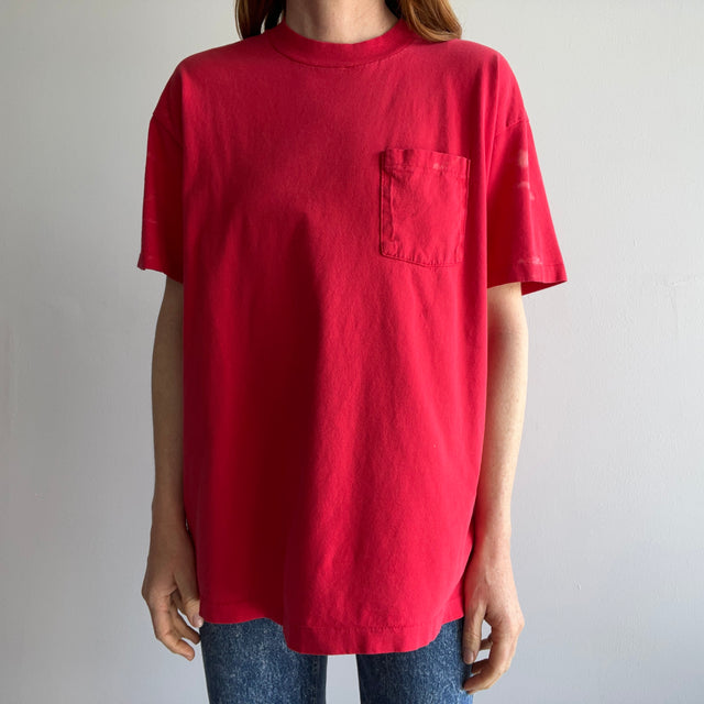 1990s Nicely Bleach Stained Selvedge Red Cotton Pocket T-Shirt