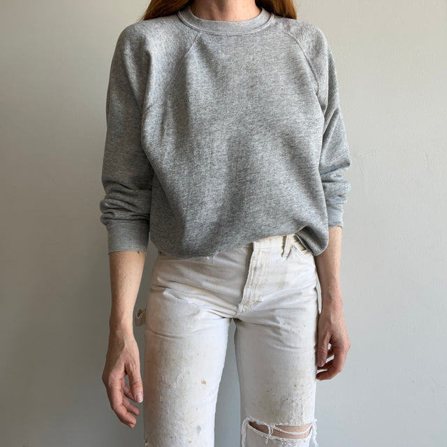 1980s Blank Gray Sweatshirt with Bleach Staining - Swooooon