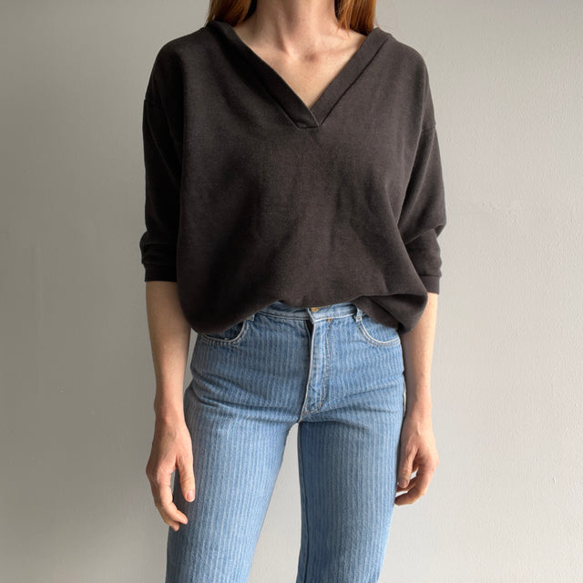 1970/80s Sweetest Deep V Faded Blank Black Shorter Sweatshirt