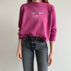 1980s DIY Needlepoint Cat Face On A Tailored Sweatshirt with Mending - Oh My