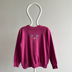 1980s DIY Needlepoint Cat Face On A Tailored Sweatshirt with Mending - Oh My