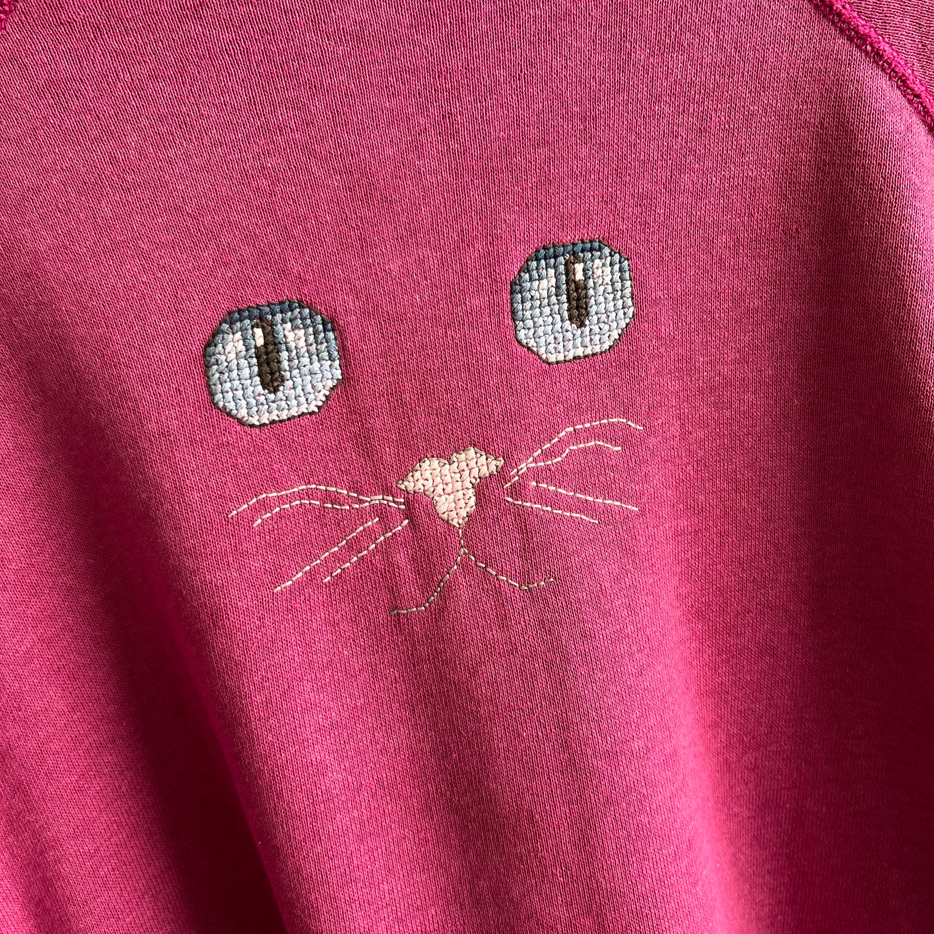 1980s DIY Needlepoint Cat Face On A Tailored Sweatshirt with Mending - Oh My