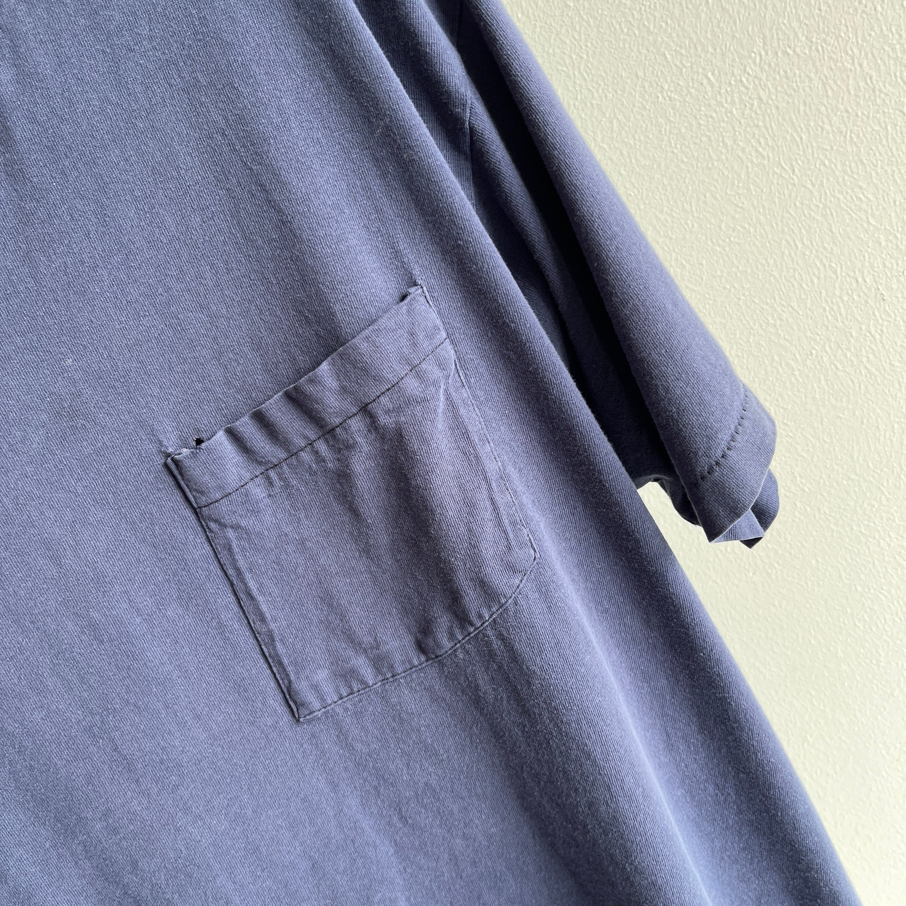 1980s Perfectly Faded and Worn Navy Cotton Selvedge Pocket T-Shirt