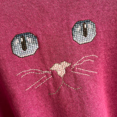 1980s DIY Needlepoint Cat Face On A Tailored Sweatshirt with Mending - Oh My