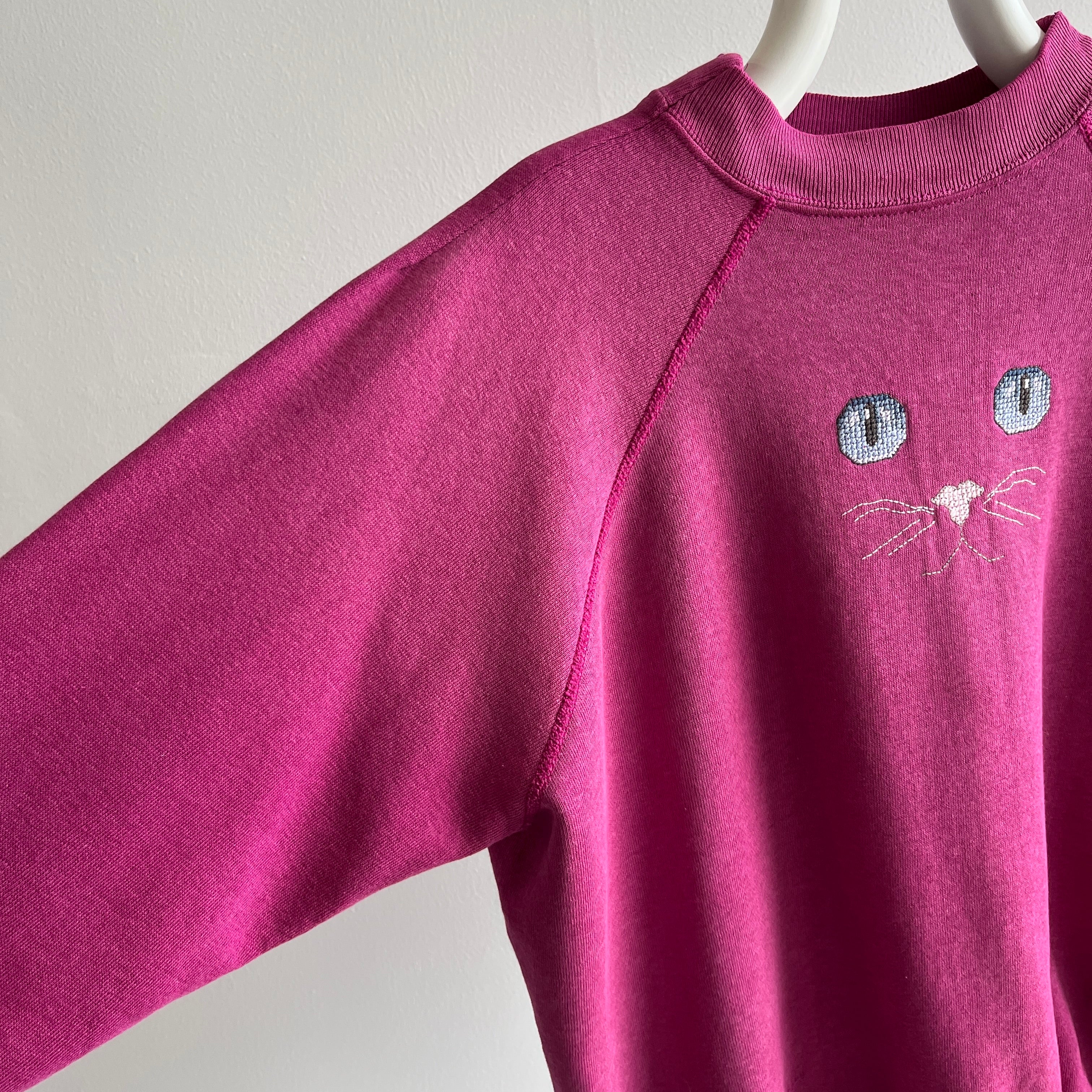 1980s DIY Needlepoint Cat Face On A Tailored Sweatshirt with Mending - Oh My