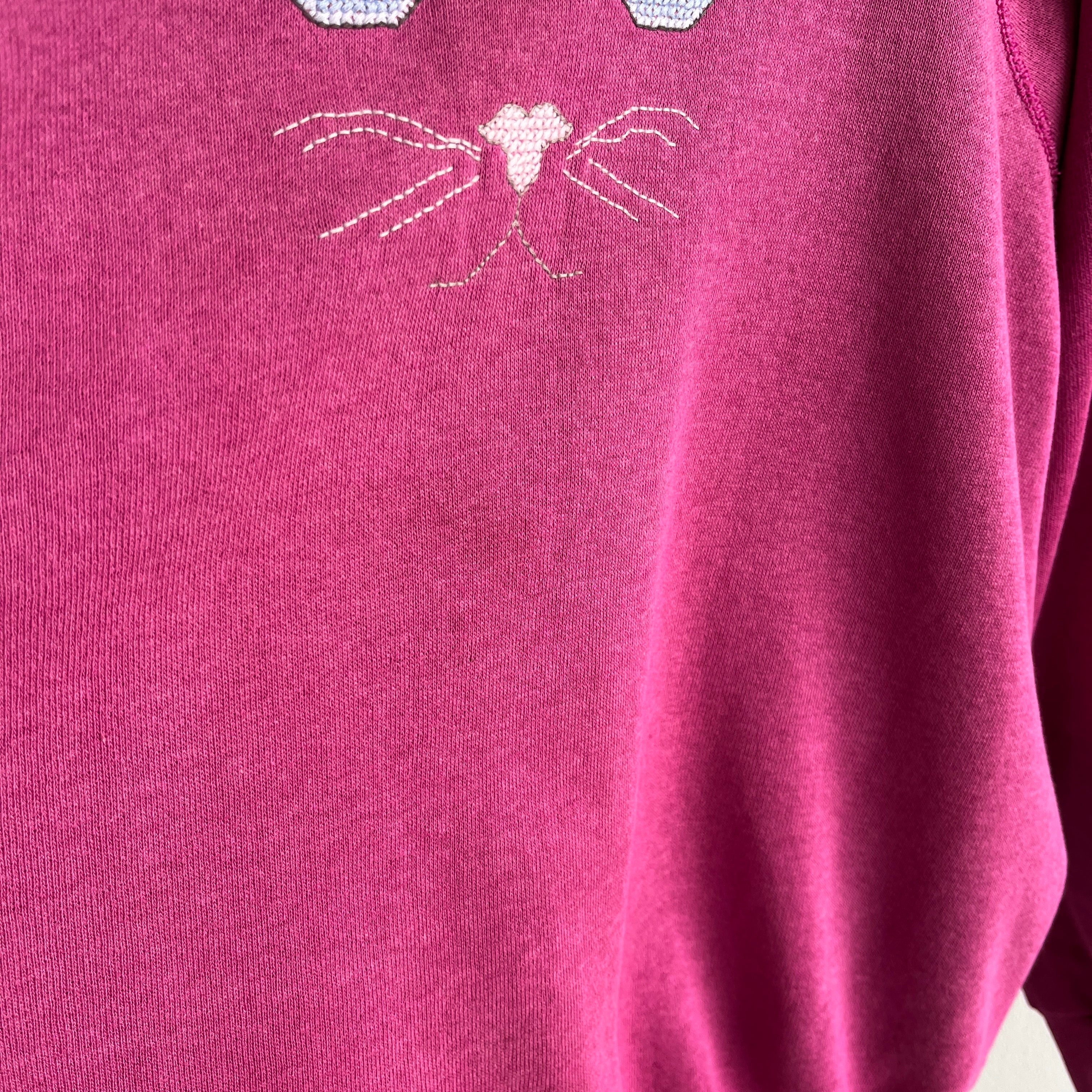 1980s DIY Needlepoint Cat Face On A Tailored Sweatshirt with Mending - Oh My