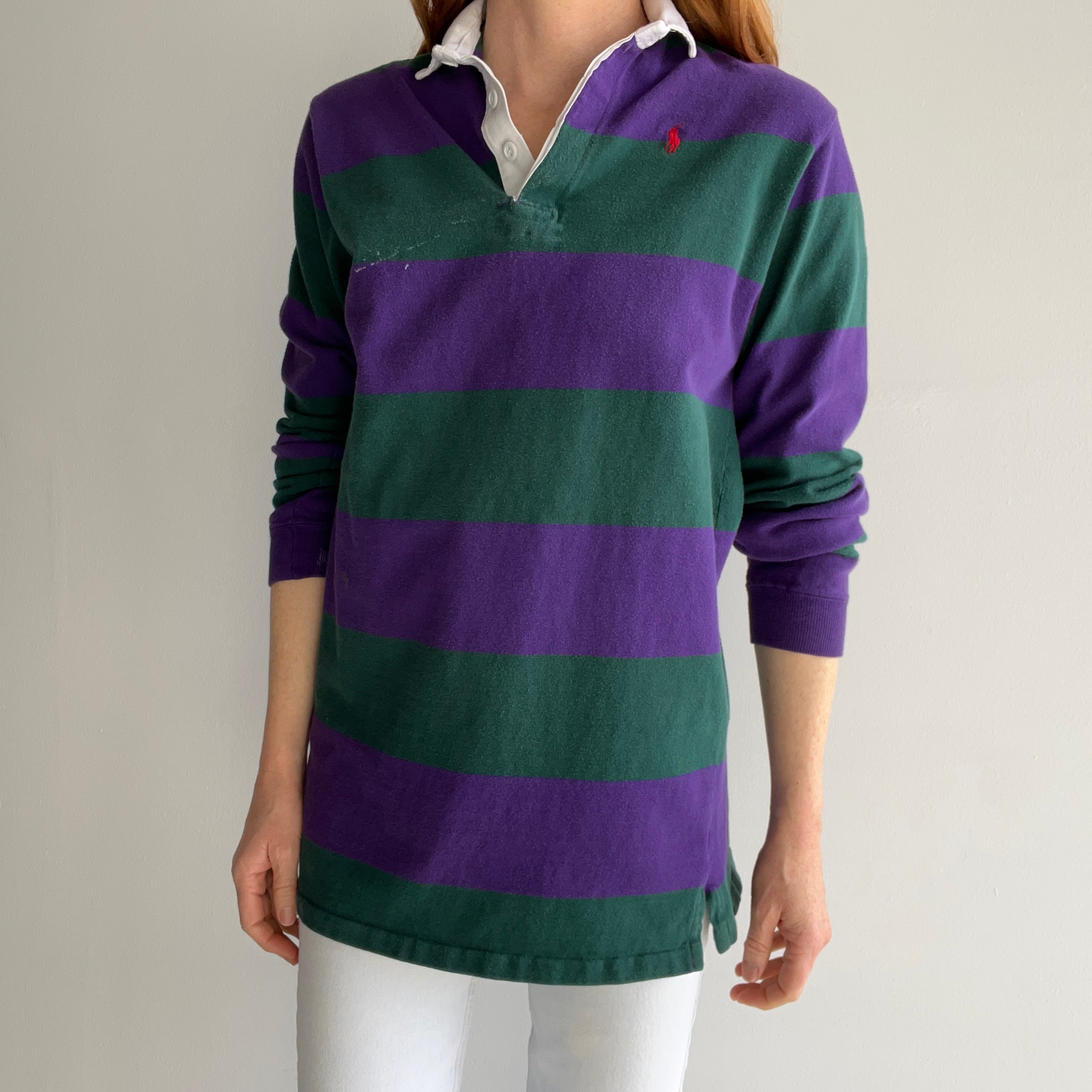 1980s USA Made Ralph Lauren Rugby Polo Long Sleeve Striped Shirt with Paint Stains