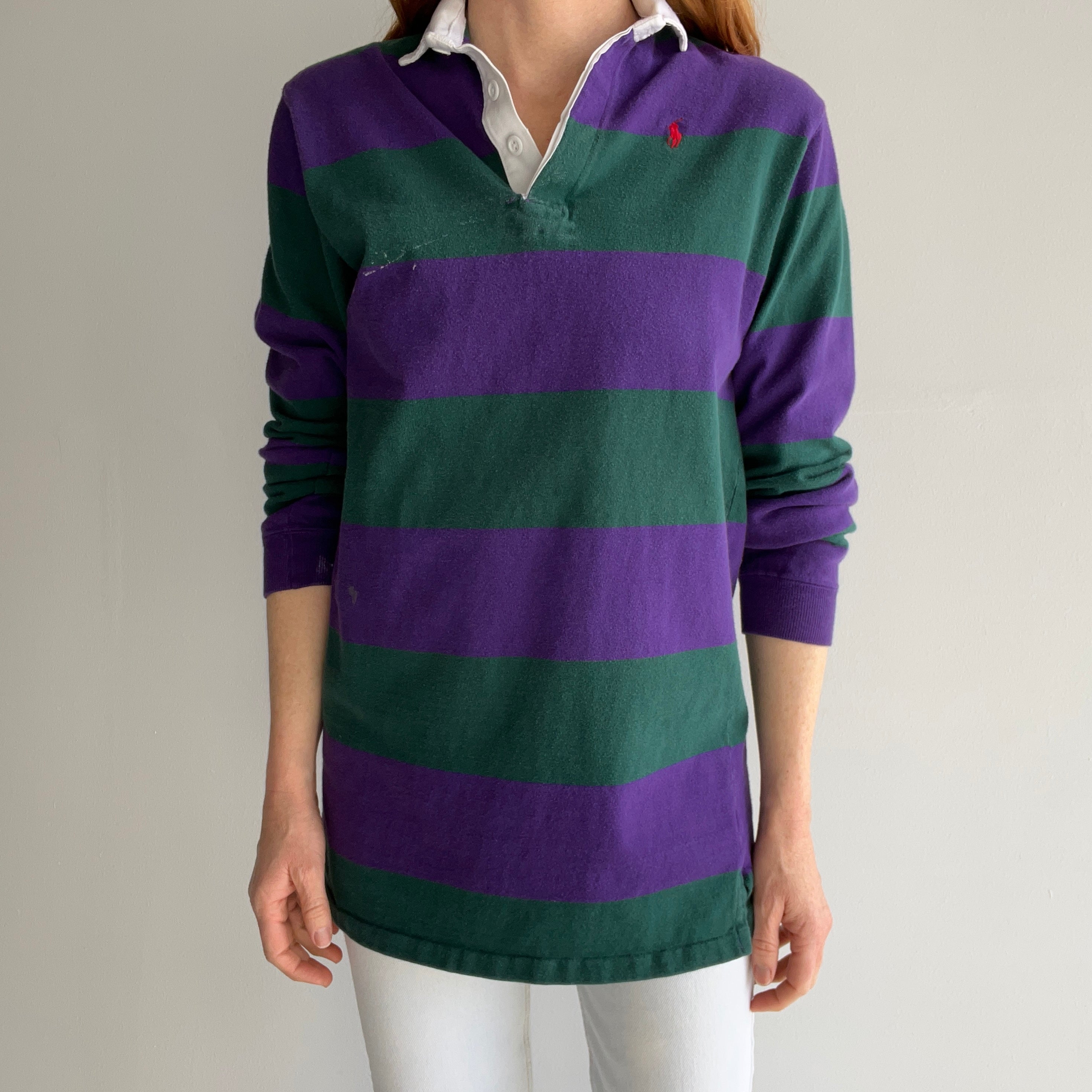 1980s USA Made Ralph Lauren Rugby Polo Long Sleeve Striped Shirt with Paint Stains