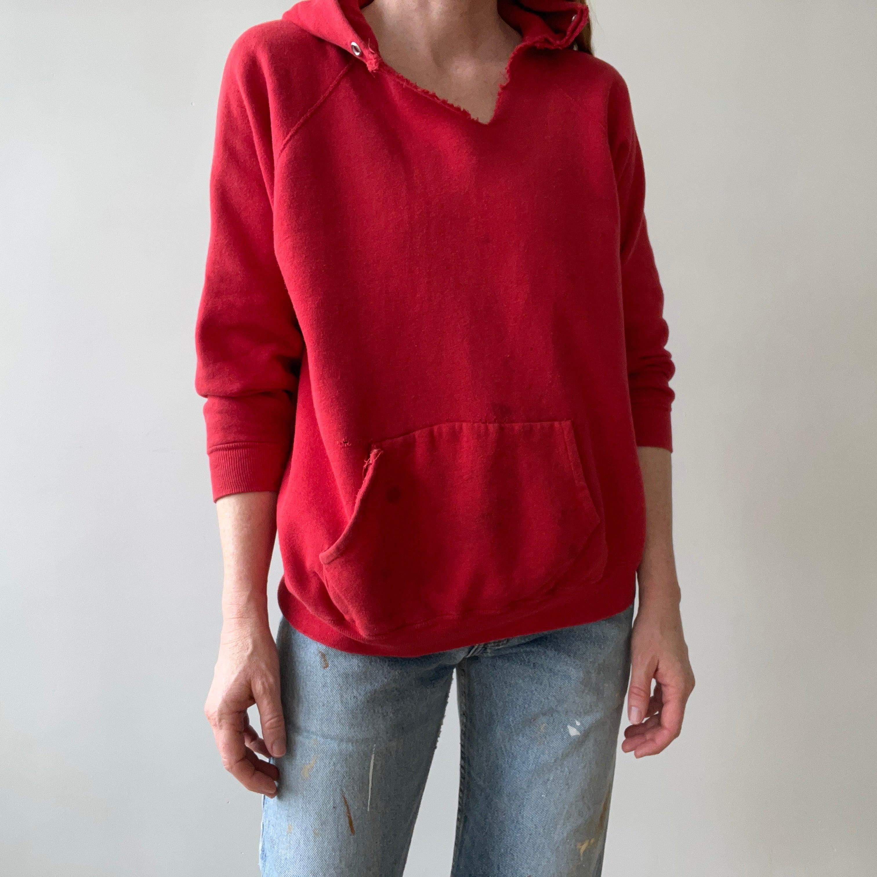 1970s Thrashed Red Raglan Hoodie