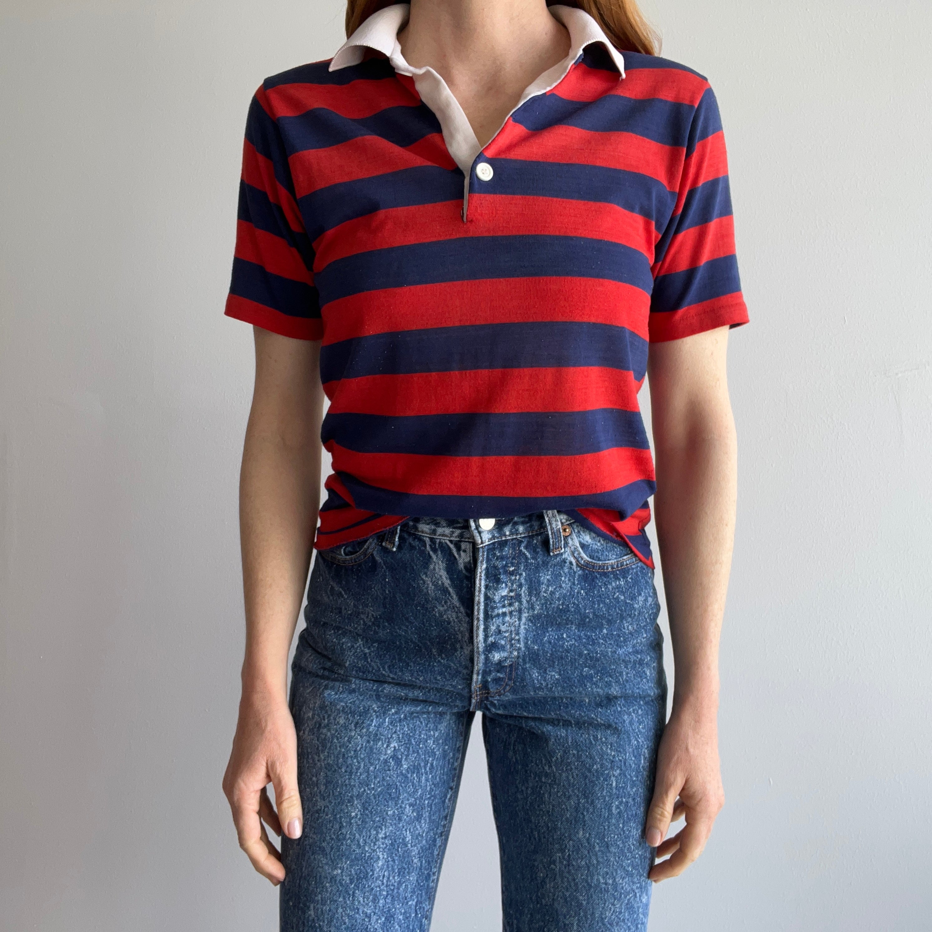 1970s Red, White and Blue Striped Worn Out and Destroyed Polo Shirt