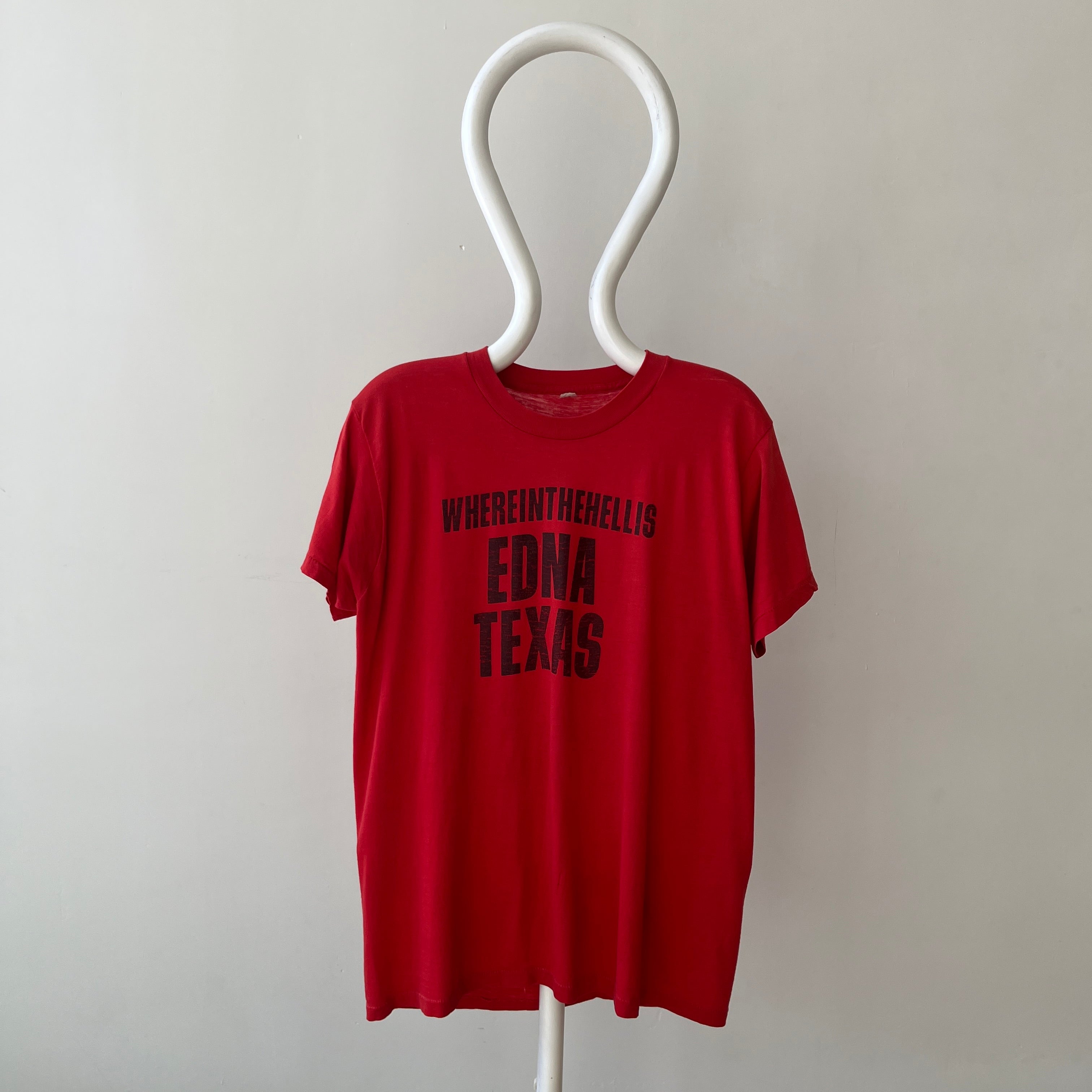 1980s Red Where The Hell Is Edna Texas T Shirt