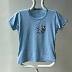 1970s Las Vegas Baby Tee with Embroidered Flower Patch and Faint Arm Pit Stains