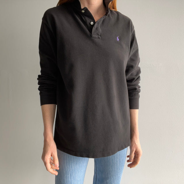 1990/2000s Lightly Faded Black Long Sleeve Polo by Ralph Lauren