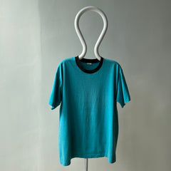 1980s Perfectly Worn Two Tone Blank Faded Turquoise and Black Single Stitch T-Shirt