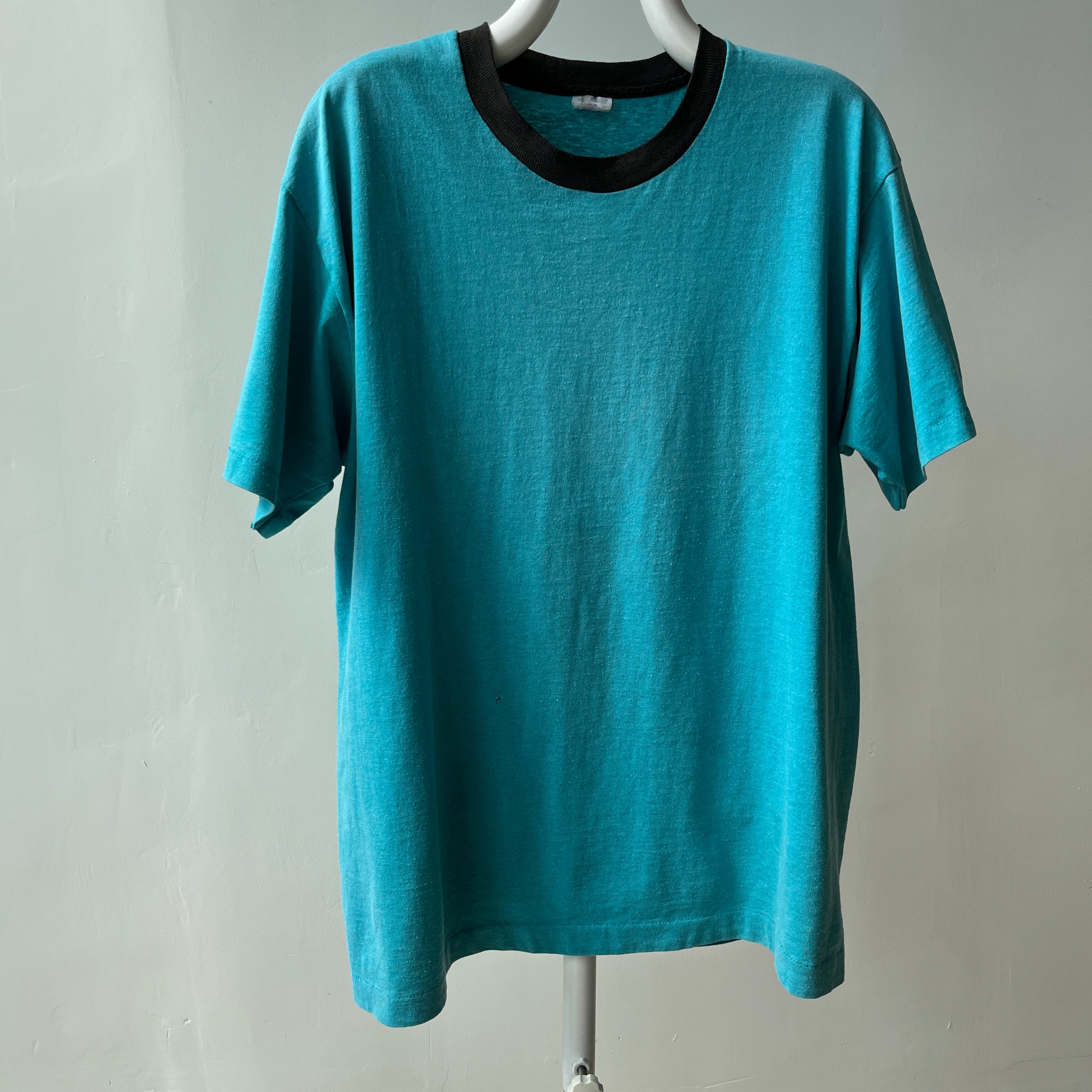 1980s Perfectly Worn Two Tone Blank Faded Turquoise and Black Single Stitch T-Shirt