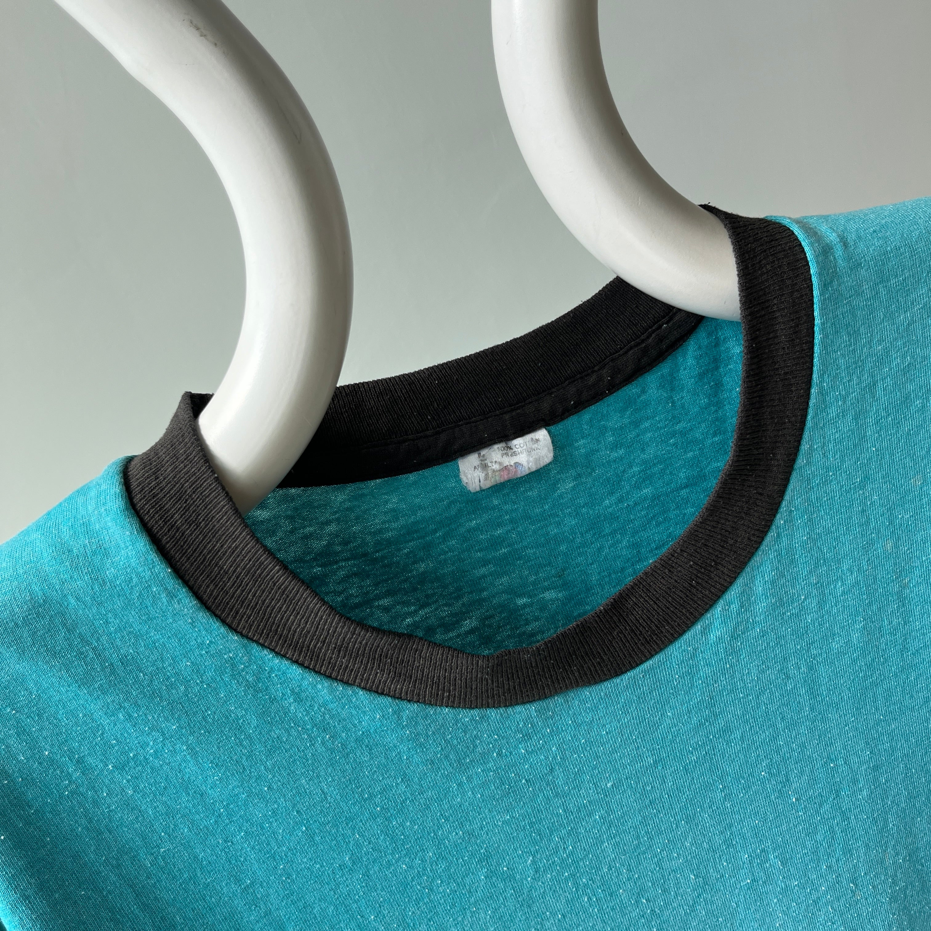 1980s Perfectly Worn Two Tone Blank Faded Turquoise and Black Single Stitch T-Shirt