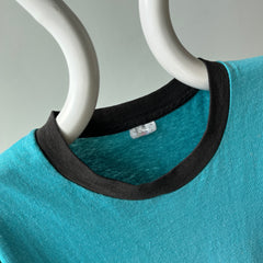 1980s Perfectly Worn Two Tone Blank Faded Turquoise and Black Single Stitch T-Shirt