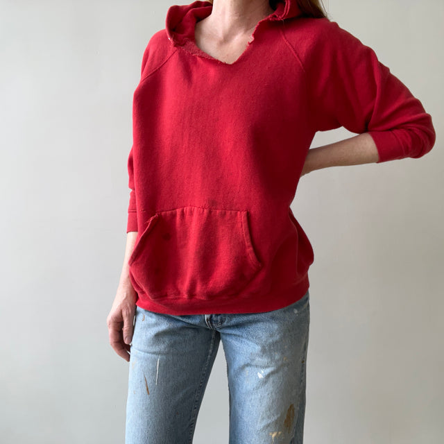 1970s Thrashed Red Raglan Hoodie